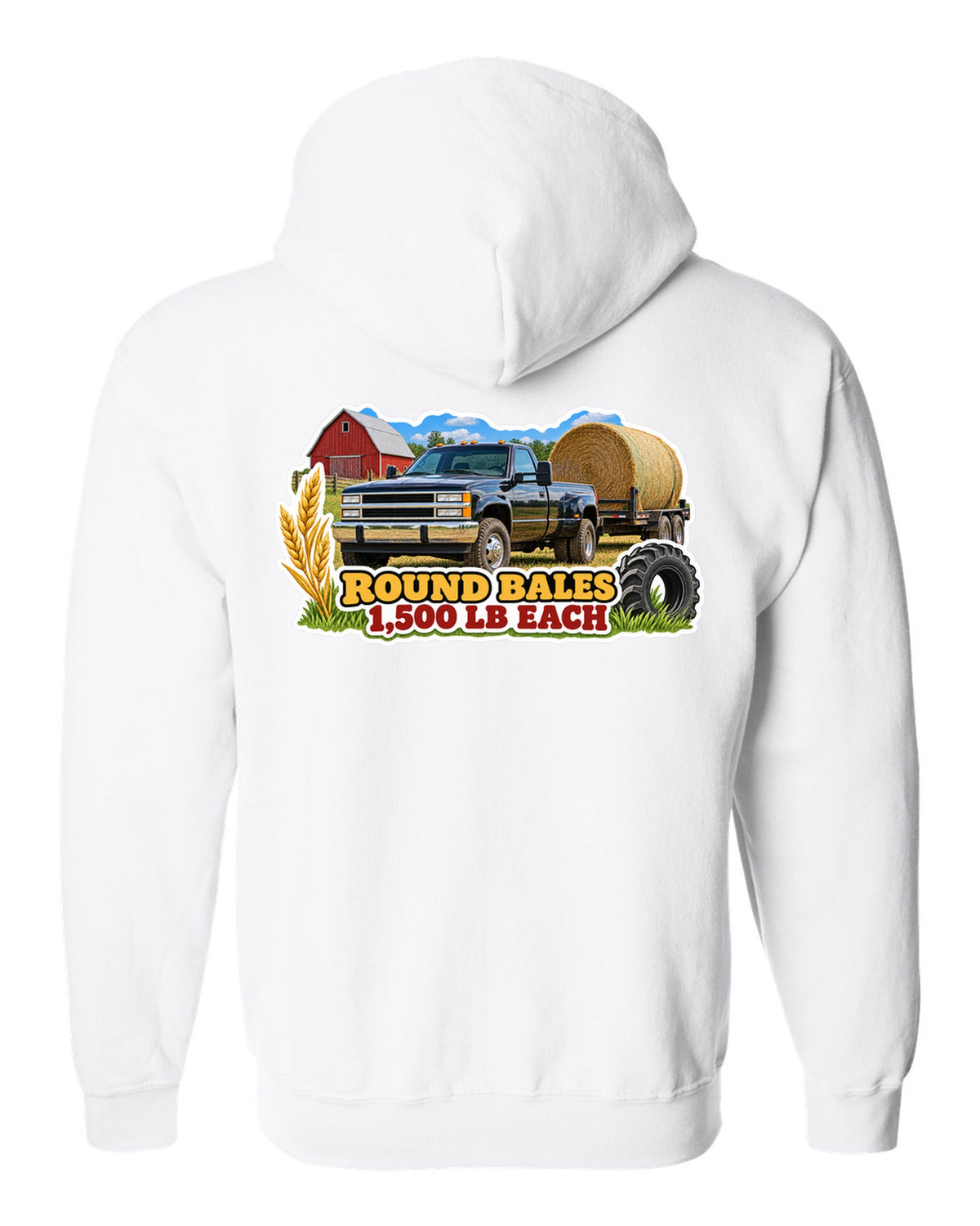 Sticker collage print of a 2010-2018 Ram 2500 6.7 hauling round bales with 1,500 lb each text white zip hoodie back view with the design