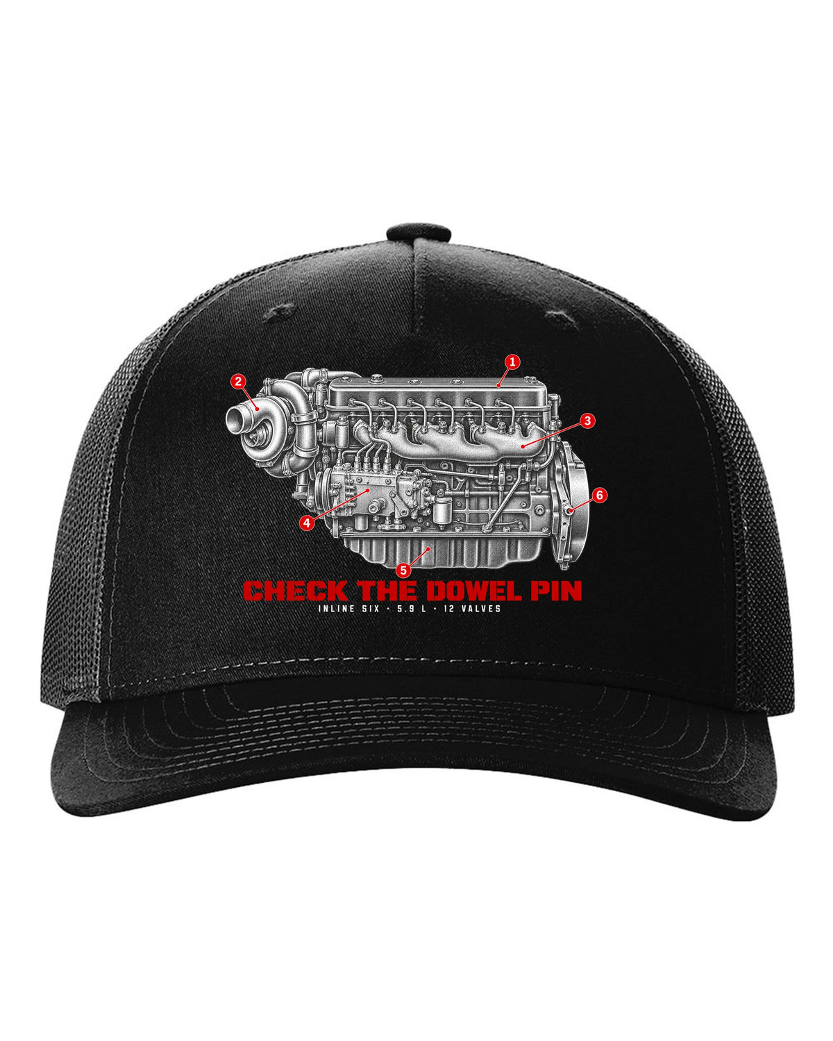 Engine hero print of a 1994-98 Ram 2500 5.9L 12-valve Cummins inline six black hat front view with the design