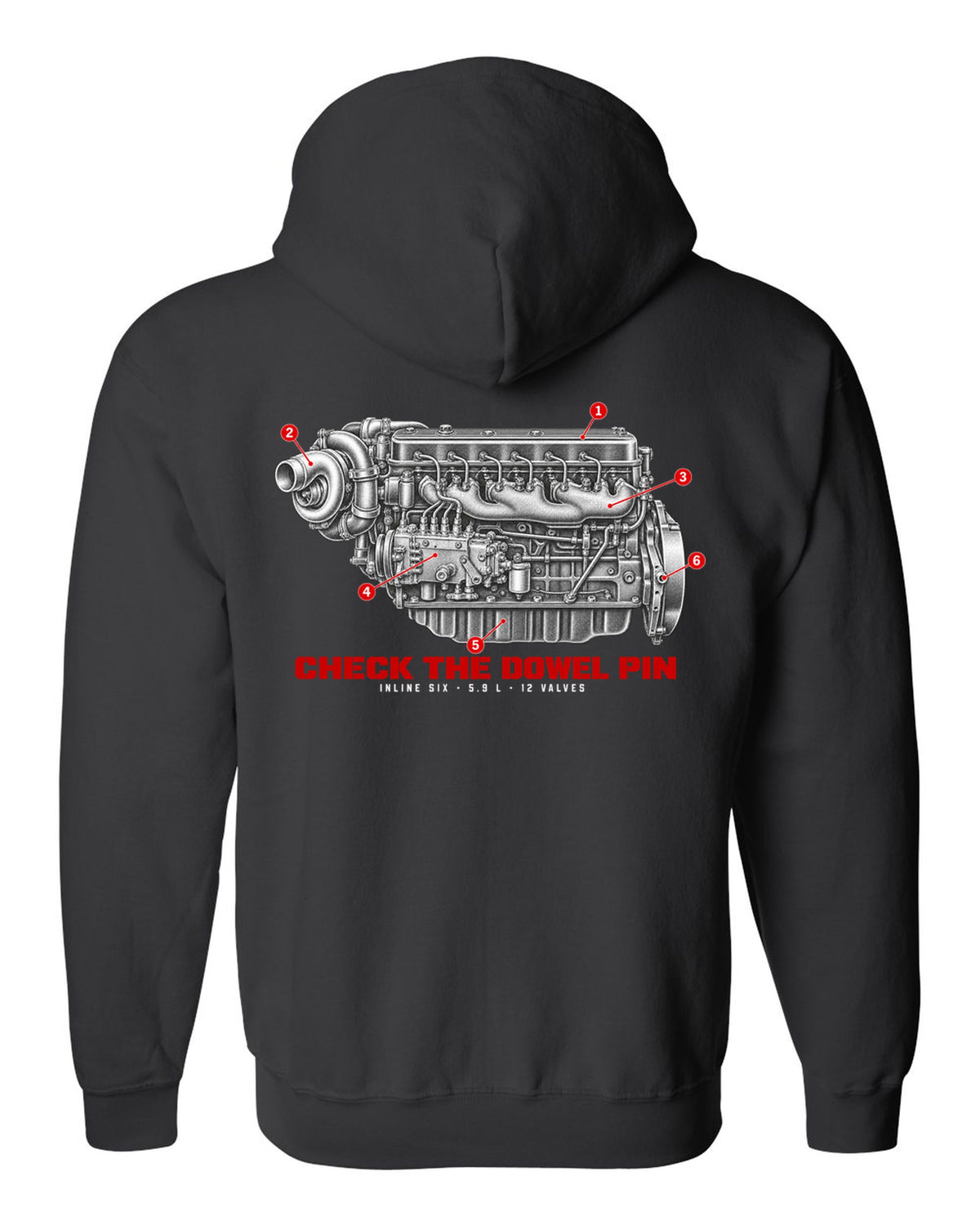 Engine hero print of a 1994-98 Ram 2500 5.9L 12-valve Cummins inline six black zip hoodie back view with the design
