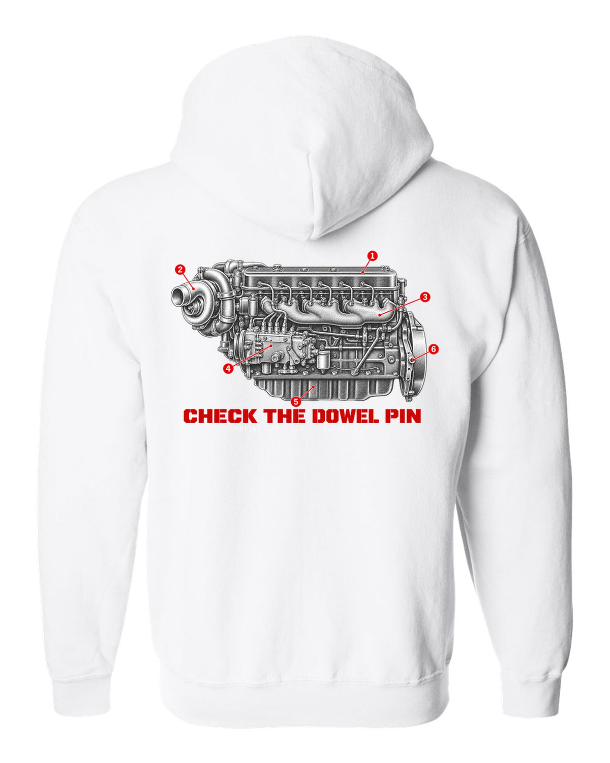Engine hero print of a 1994-98 Ram 2500 5.9L 12-valve Cummins inline six white zip hoodie back view with the design