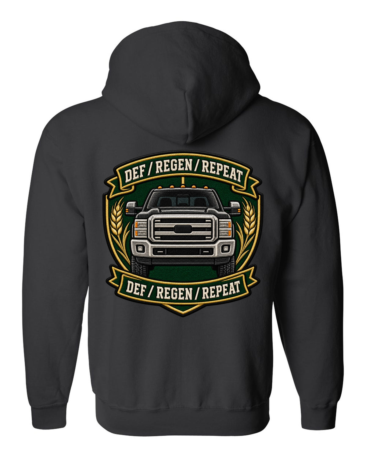Shield crest print for the 2010-2018 Ram 2500 6.7 Cummins reading DEF regen repeat black zip hoodie back view with the design