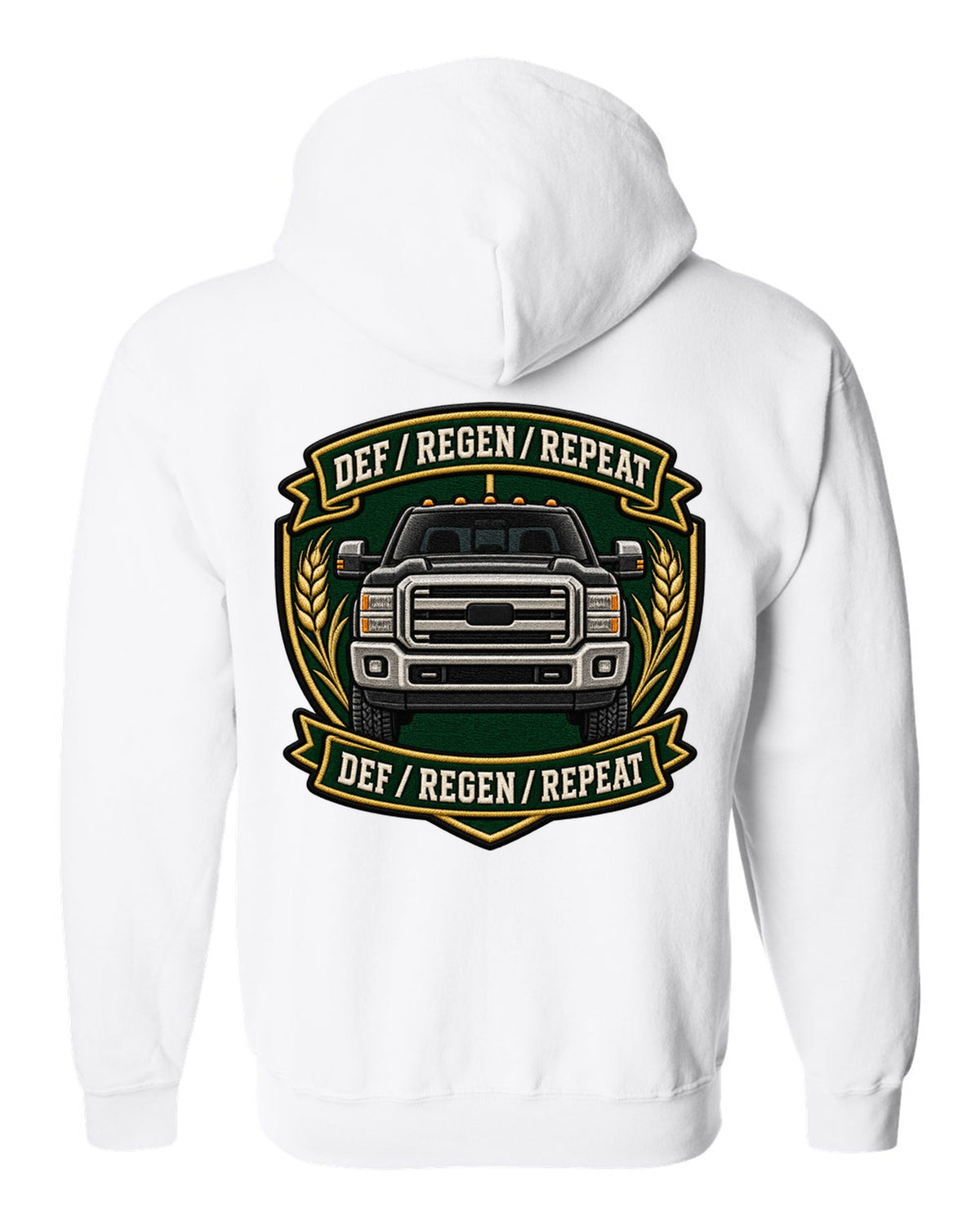 Shield crest print for the 2010-2018 Ram 2500 6.7 Cummins reading DEF regen repeat white zip hoodie back view with the design