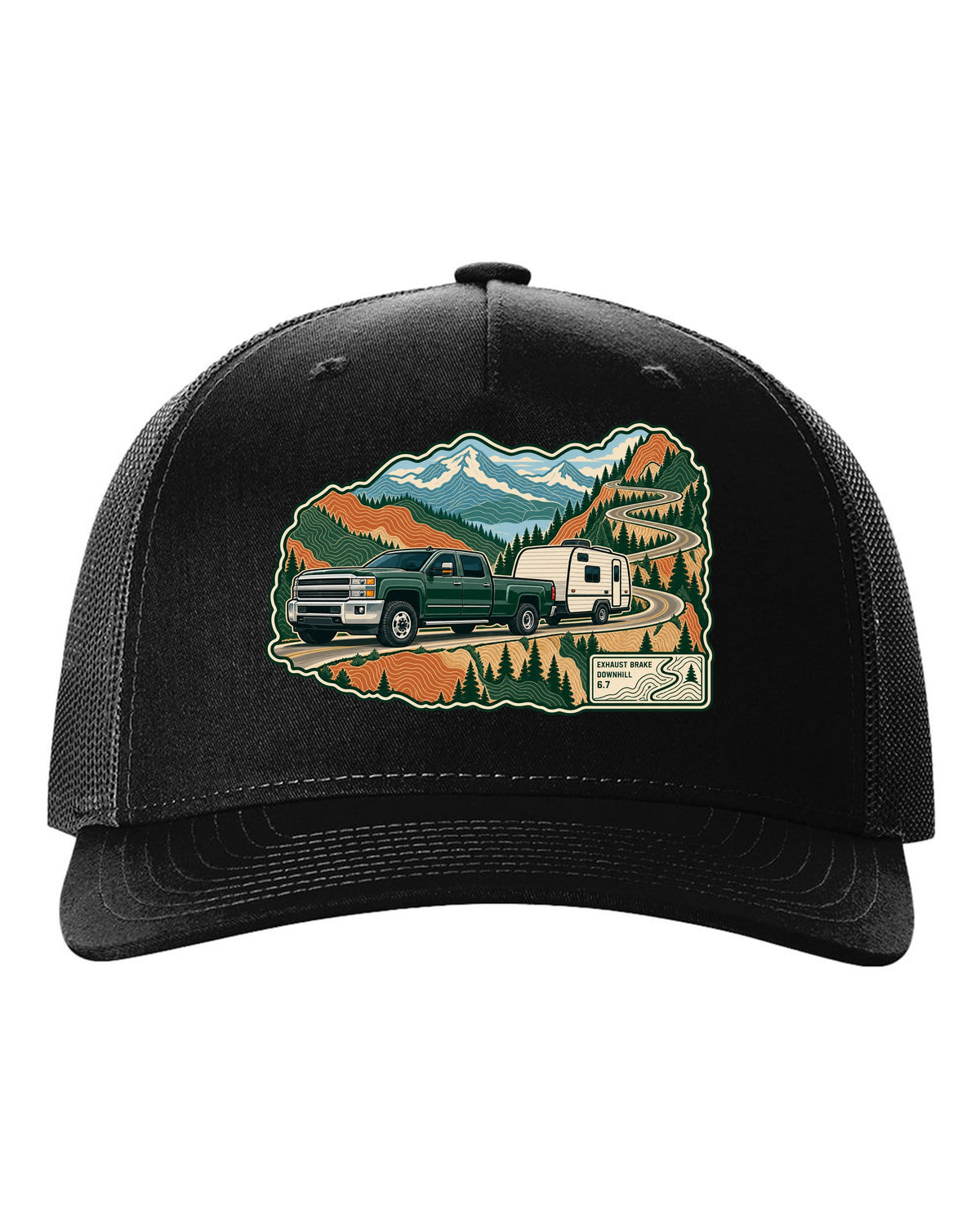 Topographic mountain pass print with a 2010-2018 Ram 2500 6.7 Cummins towing a camper black hat front view with the design