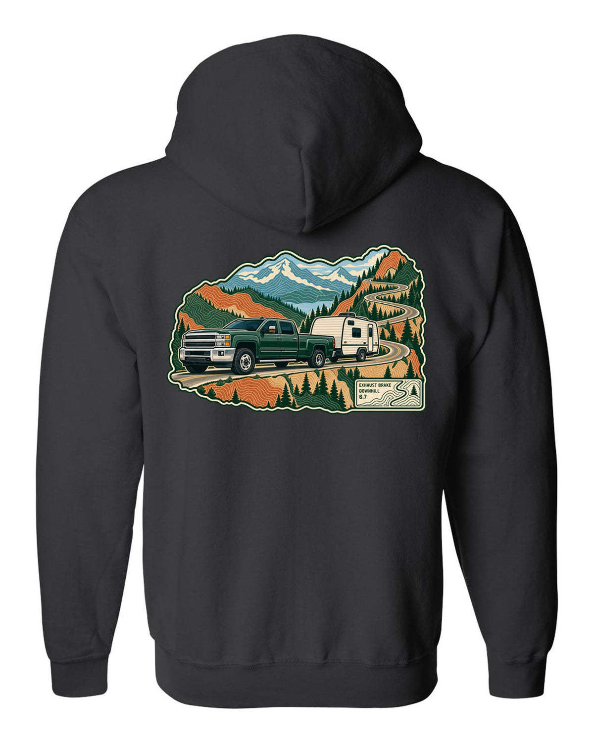 Topographic mountain pass print with a 2010-2018 Ram 2500 6.7 Cummins towing a camper black zip hoodie back view with the design