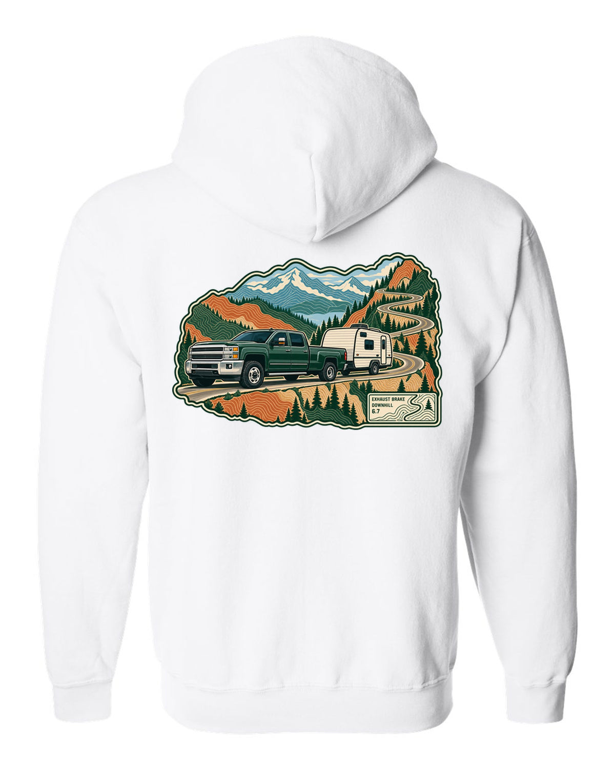 Topographic mountain pass print with a 2010-2018 Ram 2500 6.7 Cummins towing a camper white zip hoodie back view with the design