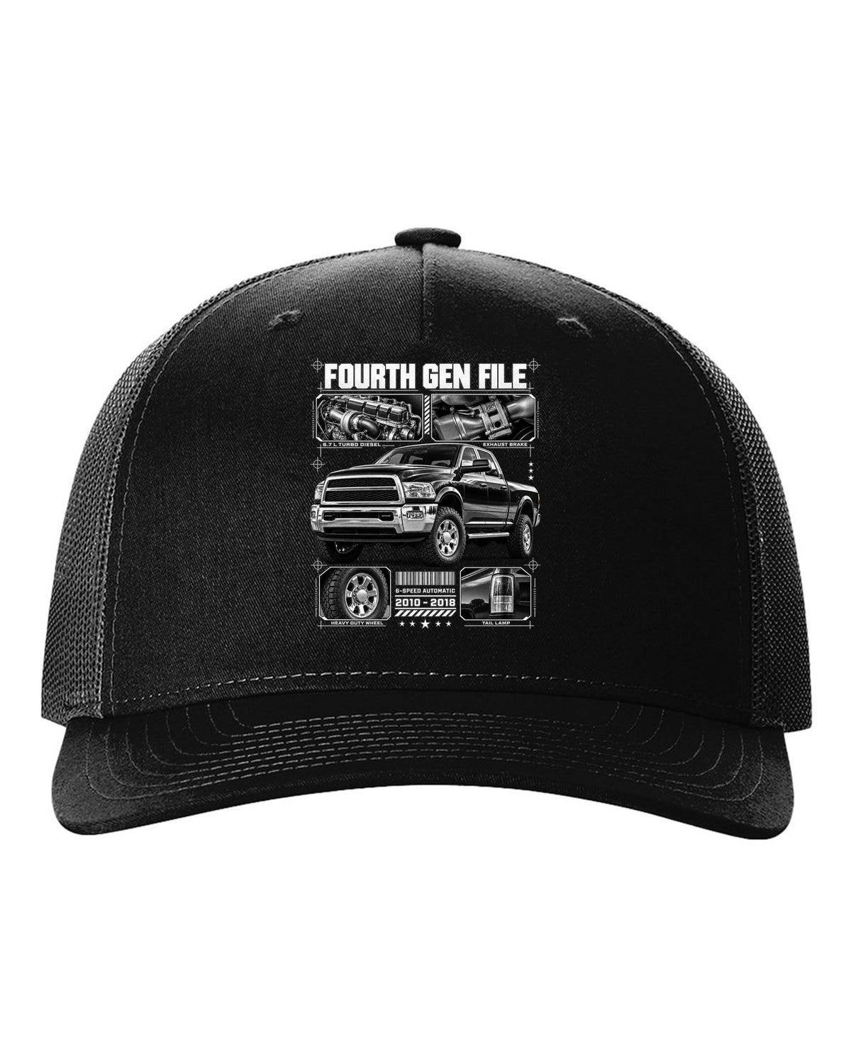 Blueprint dossier print of a 2010-2018 Ram 2500 fourth generation turbo diesel pickup black hat front view with the design