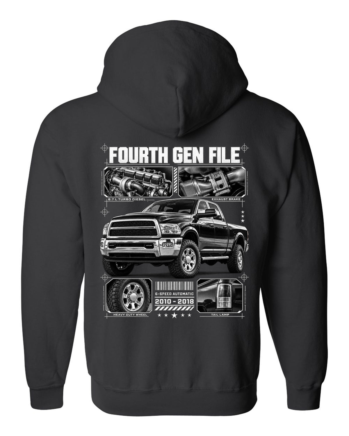 Blueprint dossier print of a 2010-2018 Ram 2500 fourth generation turbo diesel pickup black zip hoodie back view with the design