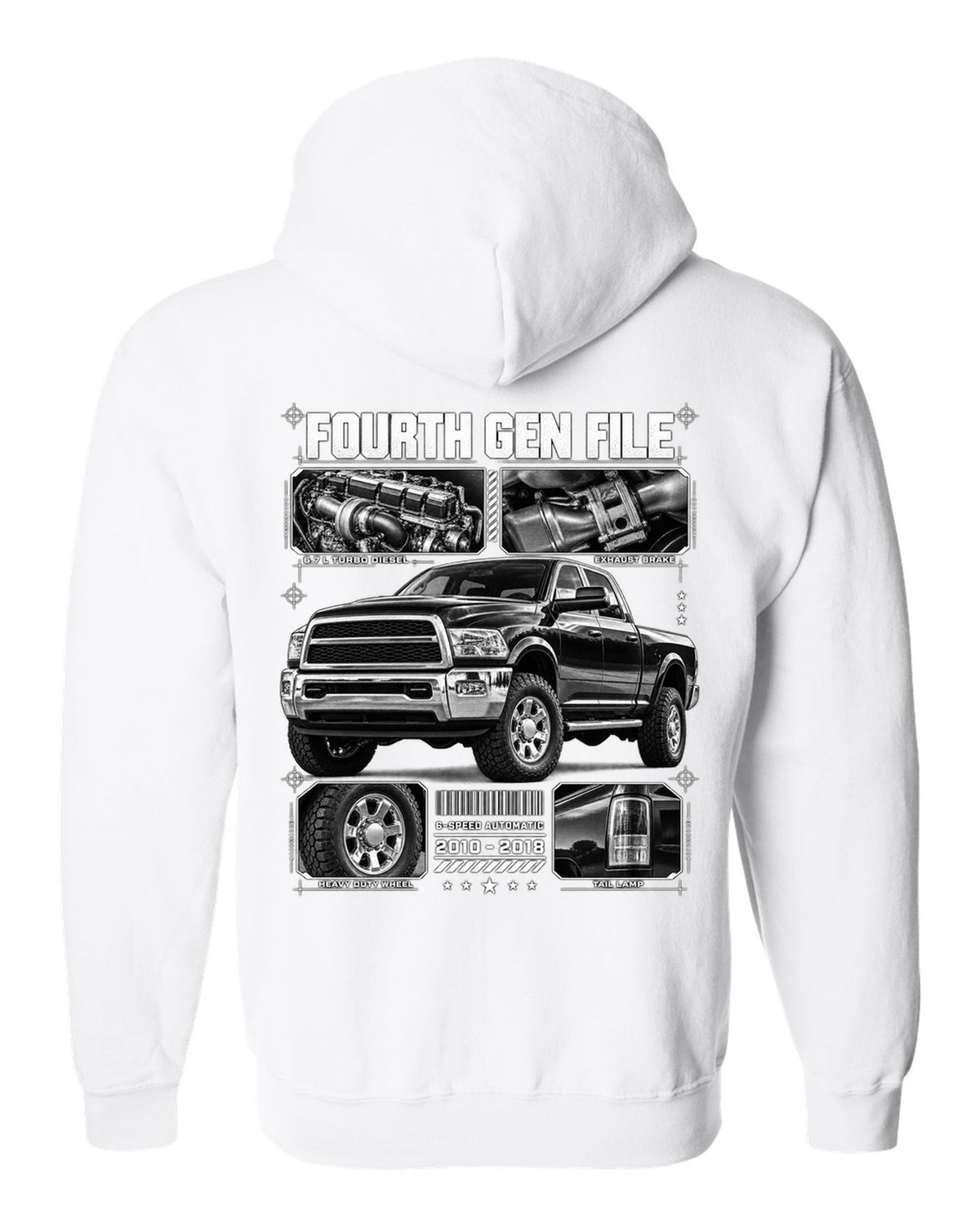 Blueprint dossier print of a 2010-2018 Ram 2500 fourth generation turbo diesel pickup white zip hoodie back view with the design