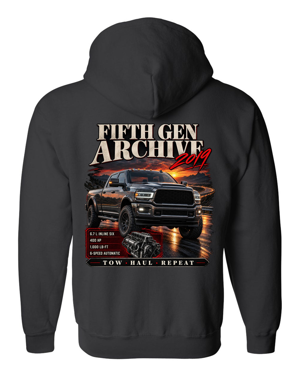 Archive panel print of a 2019 Ram HD 2500 6.7 HO diesel pickup with torque figure black zip hoodie back view with the design