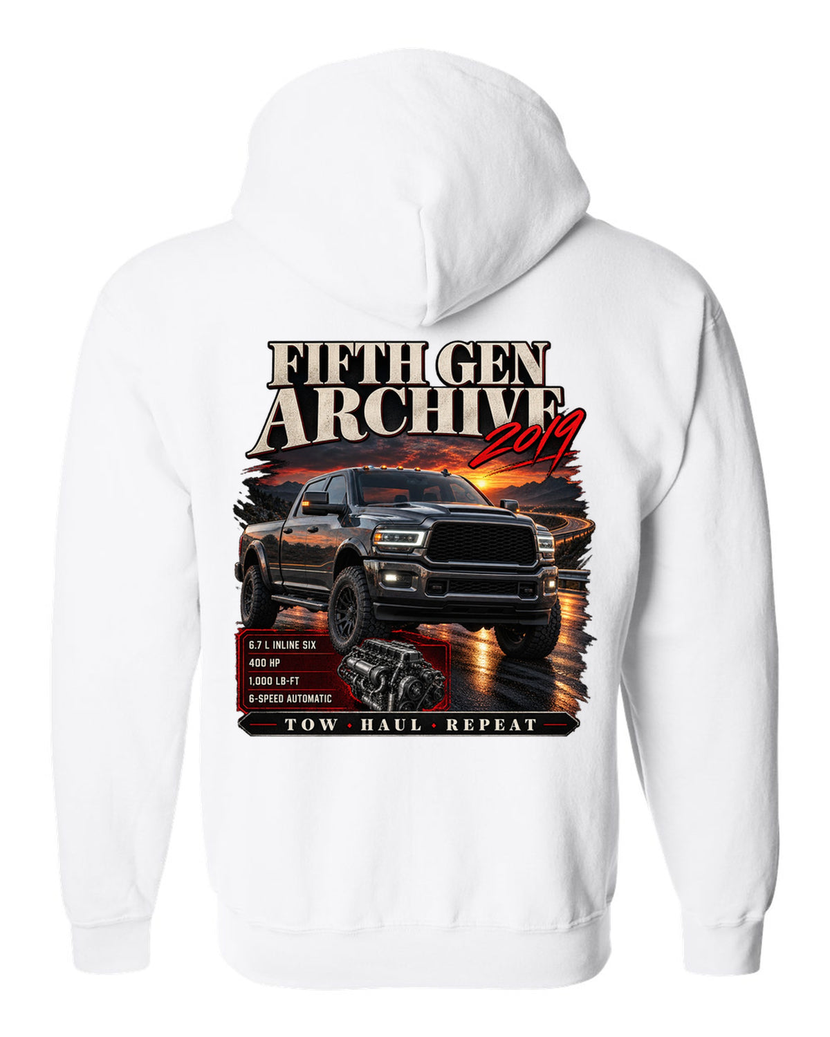 Archive panel print of a 2019 Ram HD 2500 6.7 HO diesel pickup with torque figure white zip hoodie back view with the design
