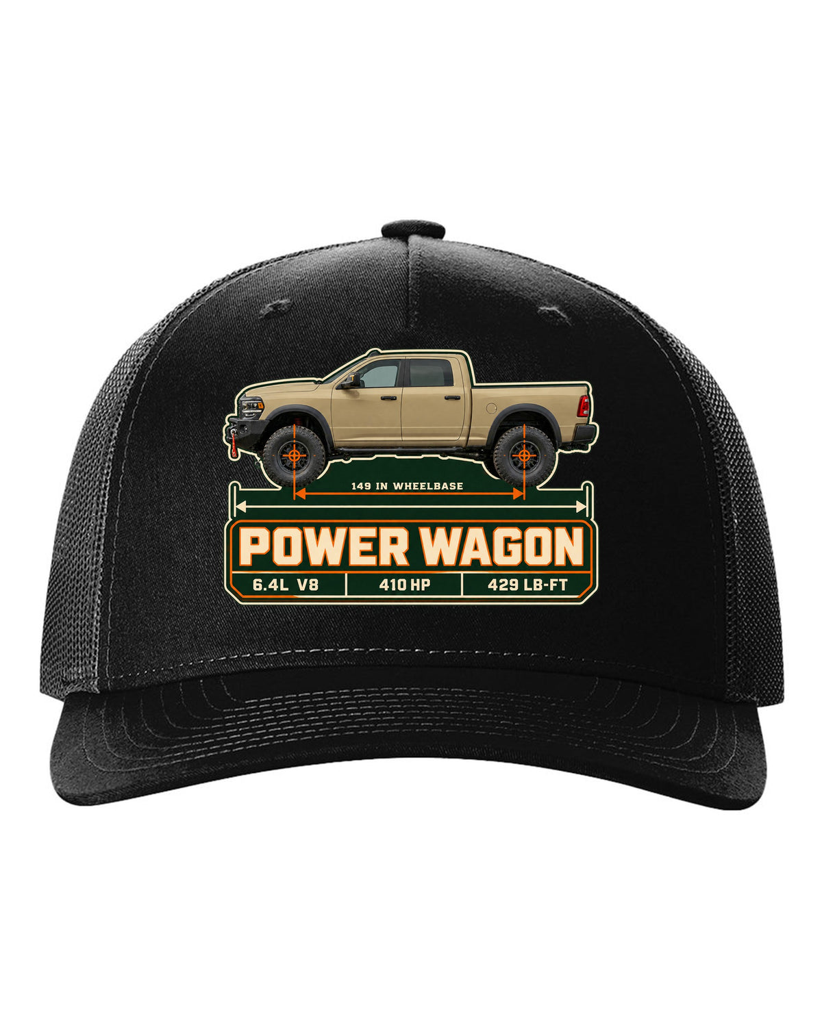 Ram 2500 Power Wagon dimension blueprint plate print with 149 inch wheelbase black hat front view with the design