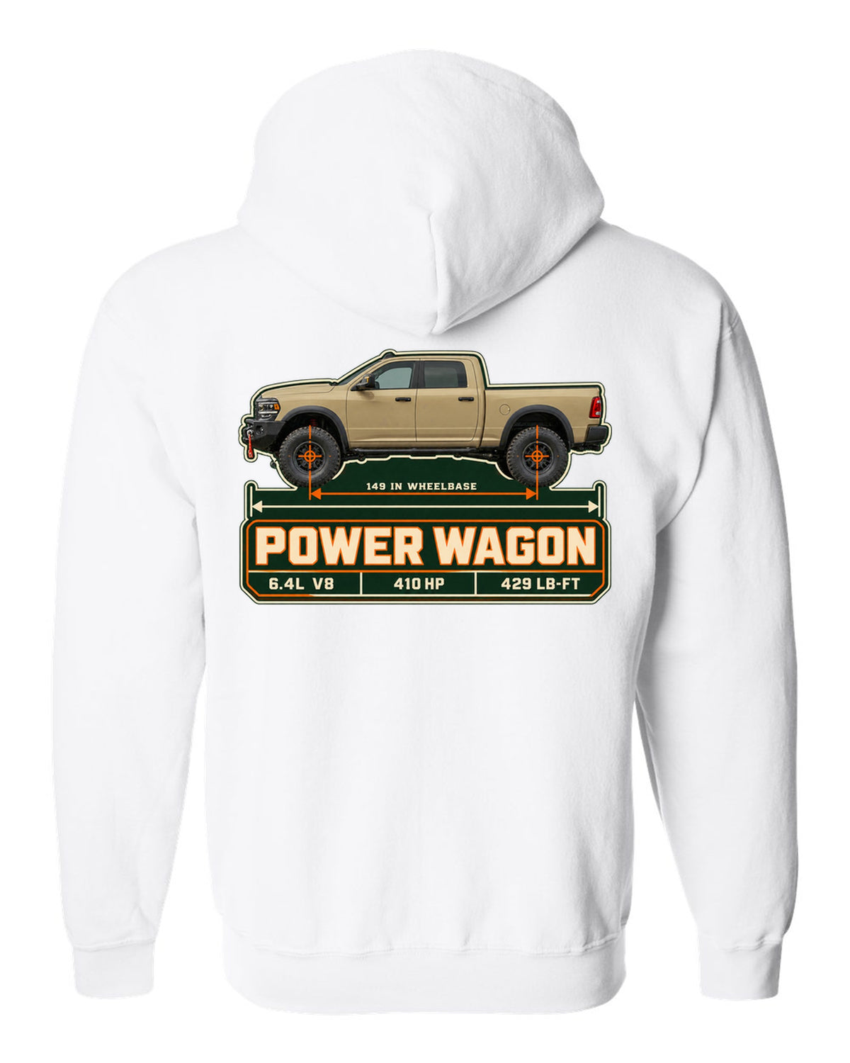 Ram 2500 Power Wagon dimension blueprint plate print with 149 inch wheelbase white zip hoodie back view with the design