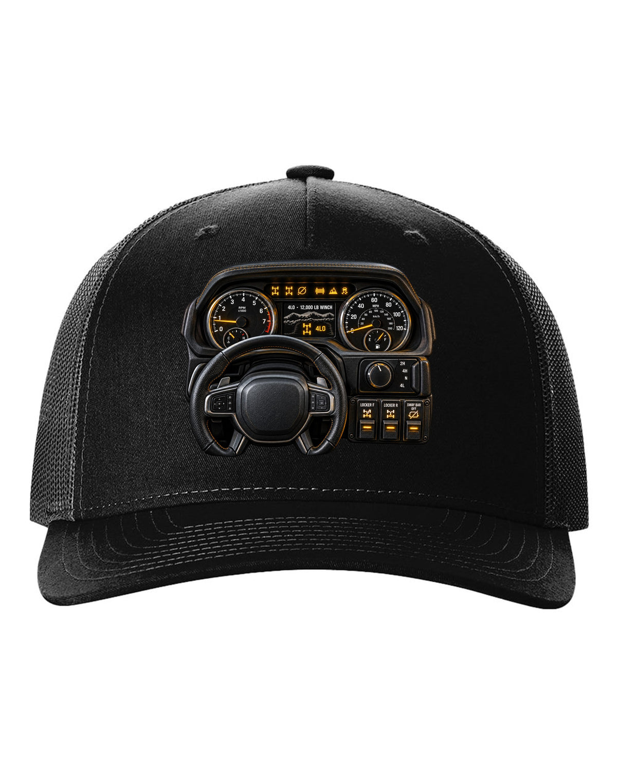 Cockpit gauge print of a Ram 2500 Power Wagon showing locker and sway bar readouts black hat front view with the design