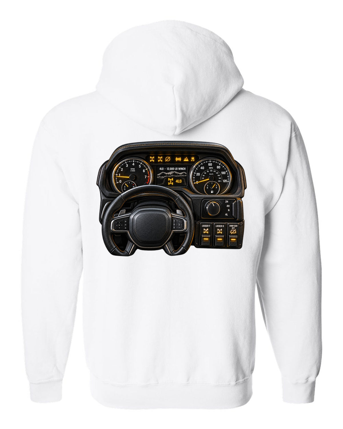 Cockpit gauge print of a Ram 2500 Power Wagon showing locker and sway bar readouts white zip hoodie back view with the design