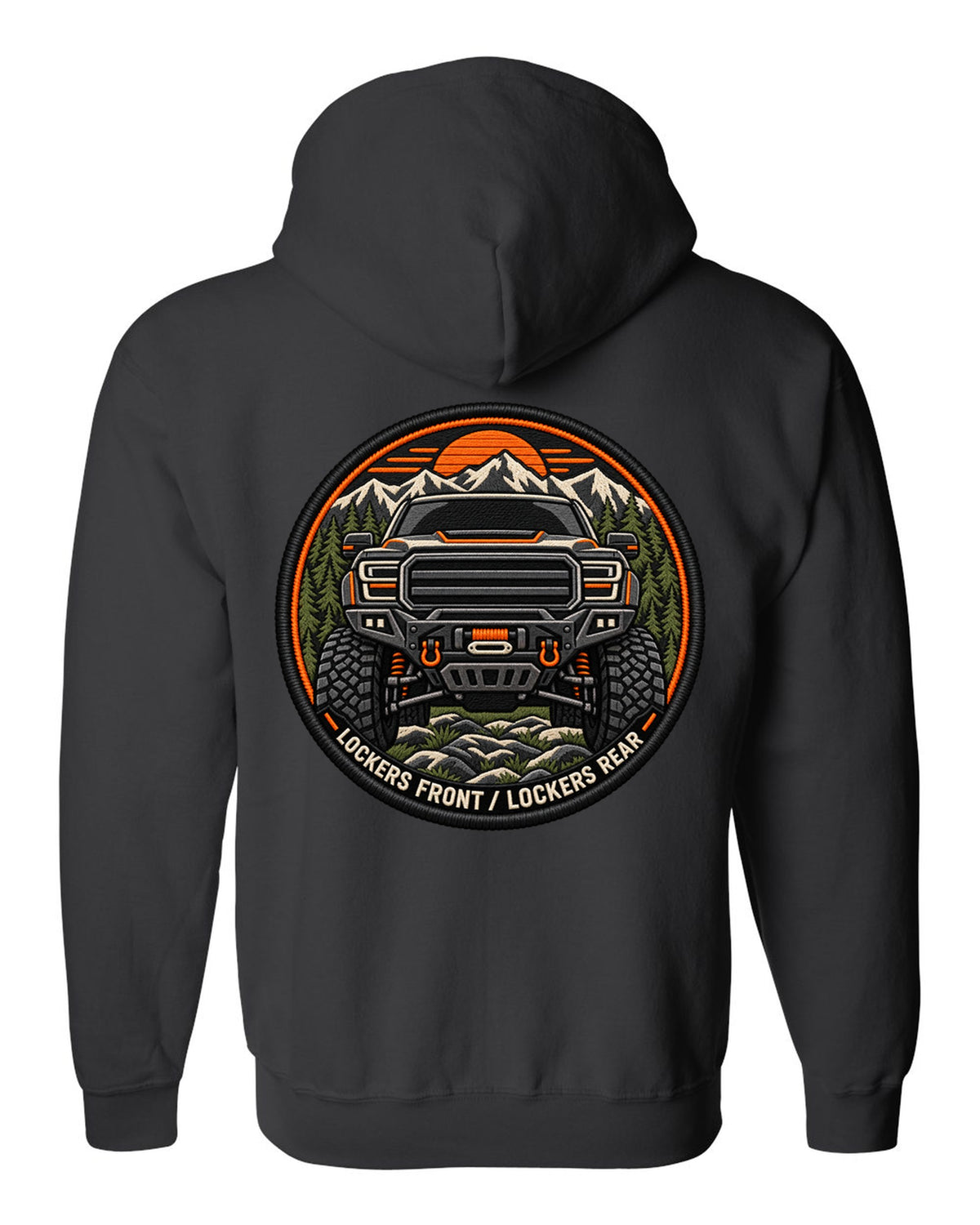 Embroidery-style patch print of a Ram 2500 Power Wagon grille with locker text black zip hoodie back view with the design