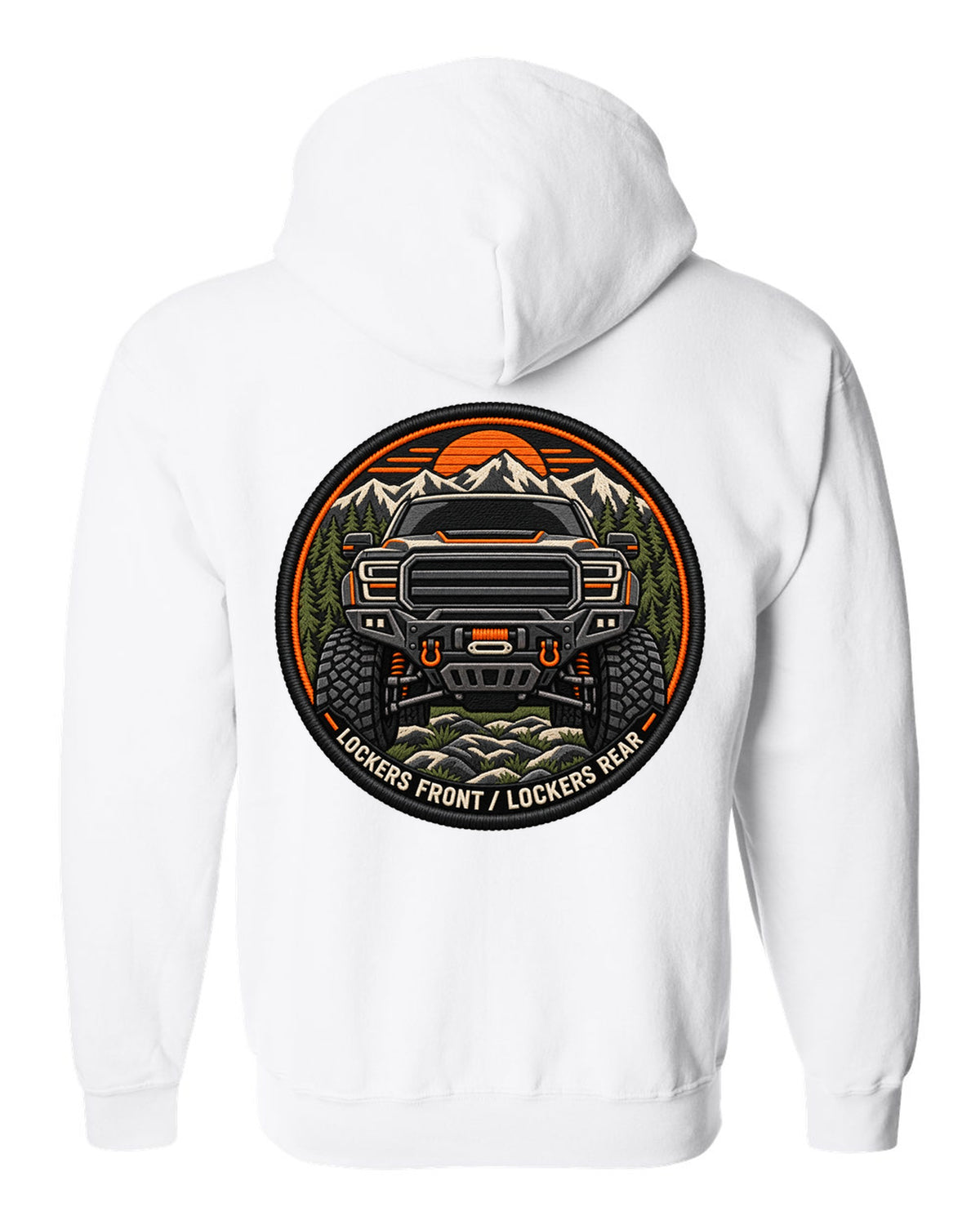 Embroidery-style patch print of a Ram 2500 Power Wagon grille with locker text white zip hoodie back view with the design