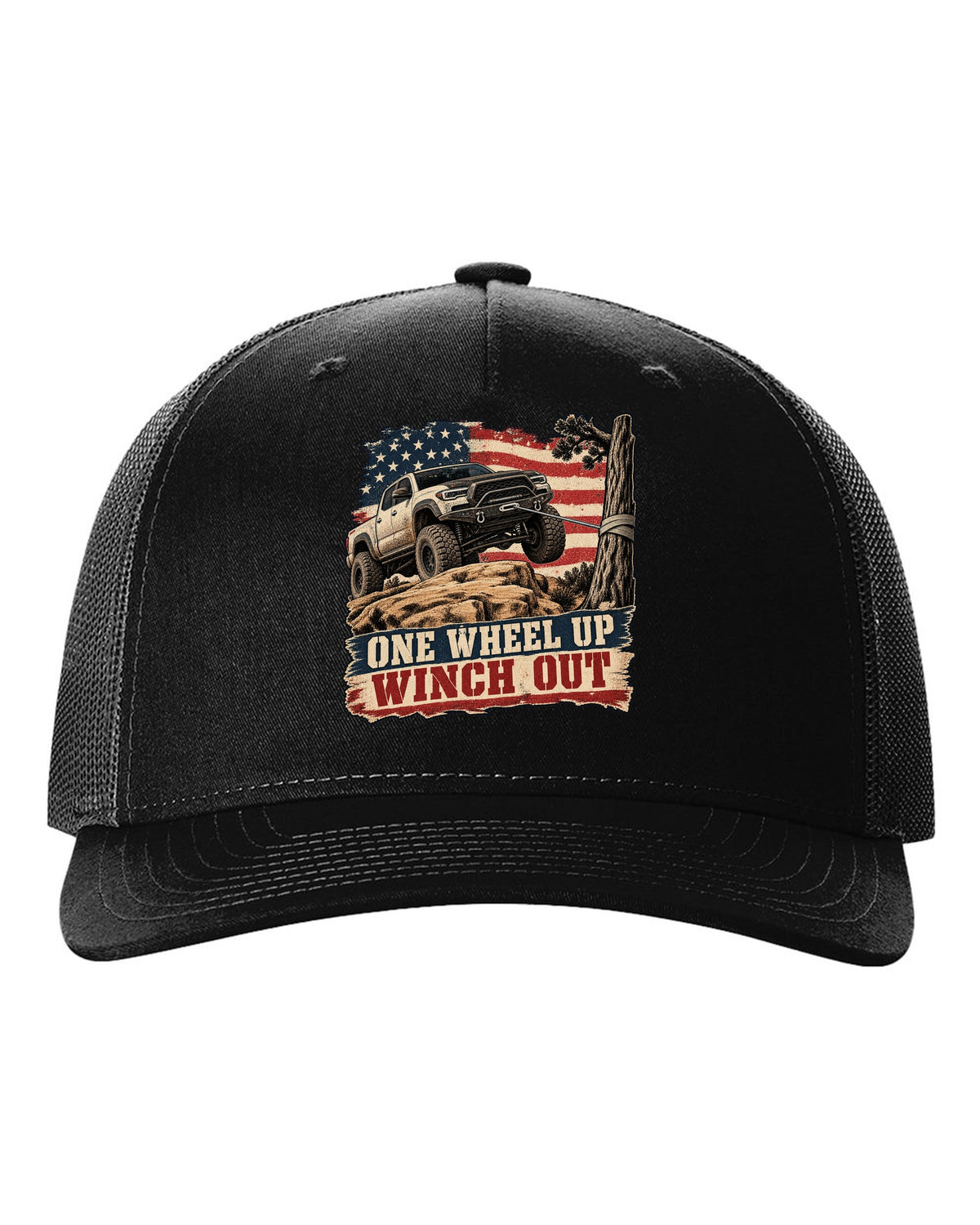 Distressed screen-print print of a Ram 2500 Power Wagon with one wheel lifted on a ledge black hat front view with the design