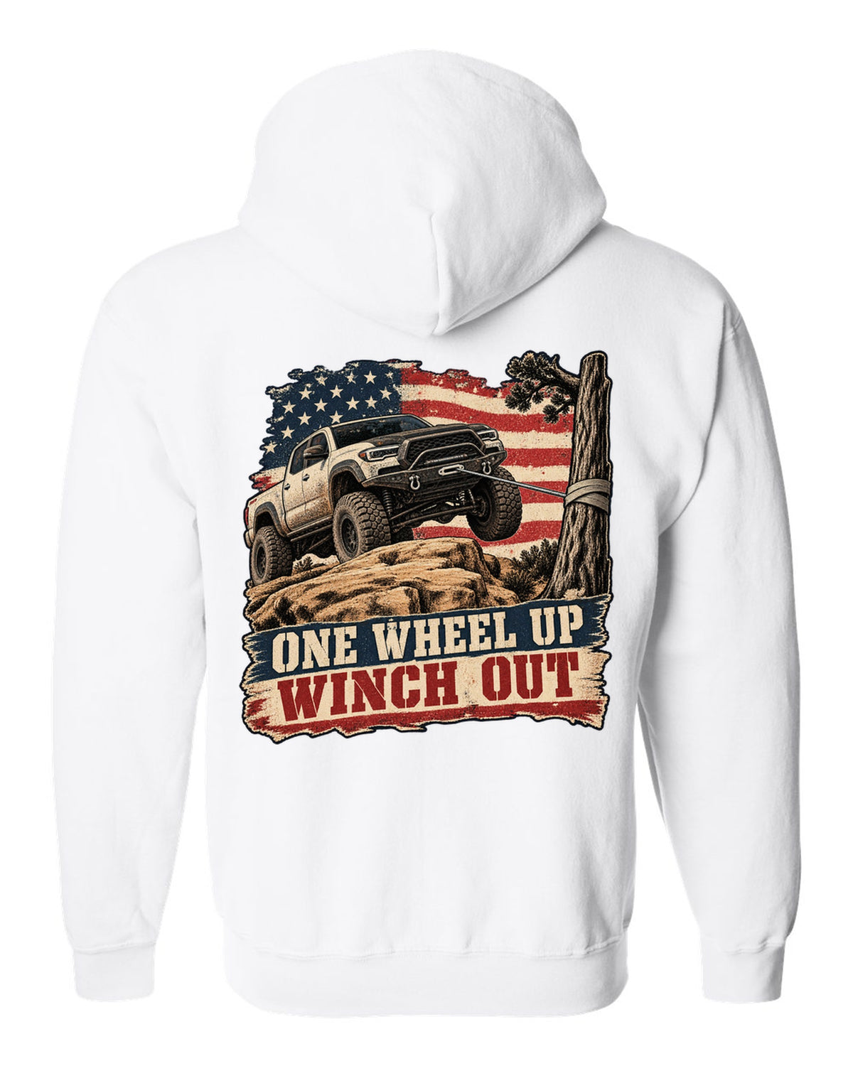 Distressed screen-print print of a Ram 2500 Power Wagon with one wheel lifted on a ledge white zip hoodie back view with the design