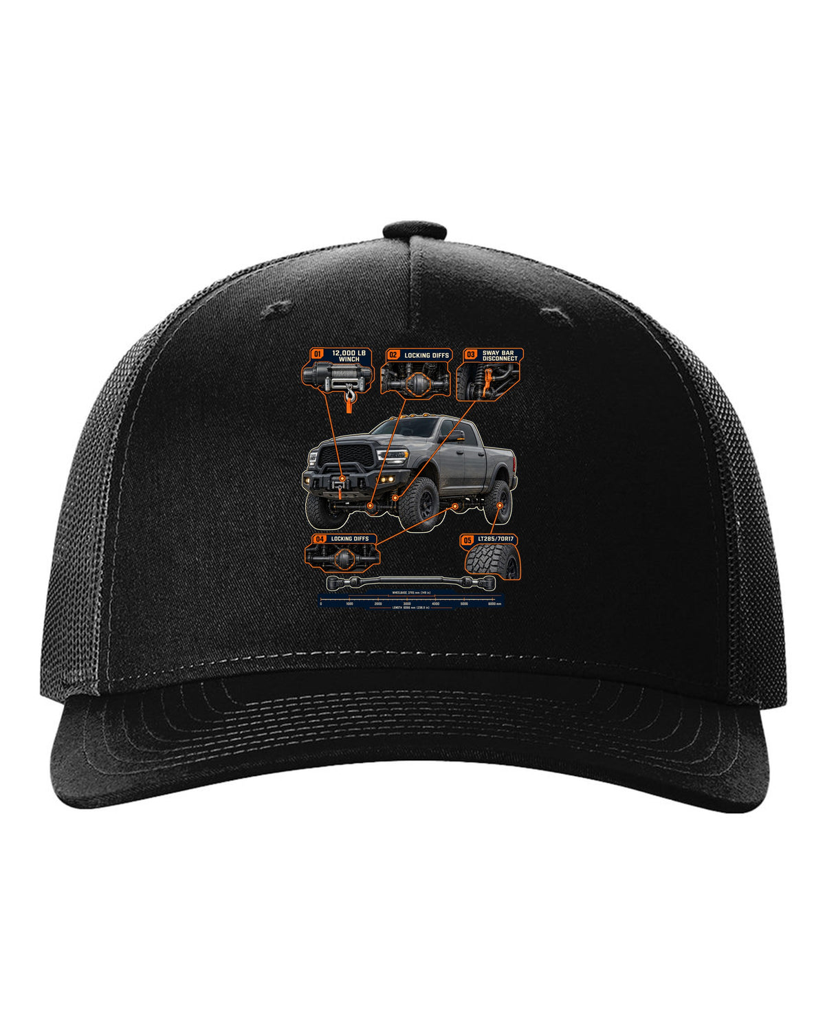 Ram 2500 Power Wagon callouts for winch, locking diffs and sway bar disconnect print black hat front view with the design