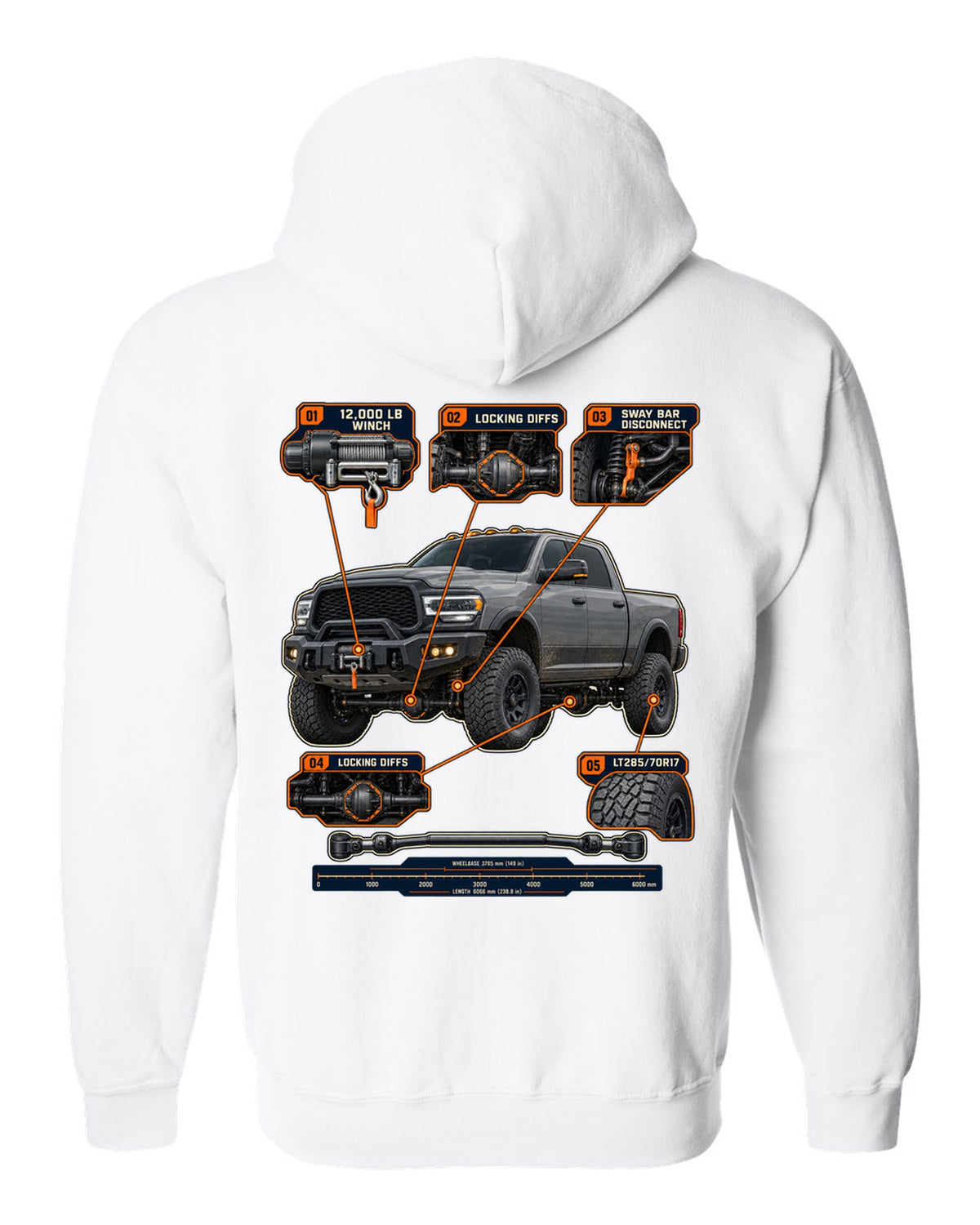 Ram 2500 Power Wagon callouts for winch, locking diffs and sway bar disconnect print white zip hoodie back view with the design
