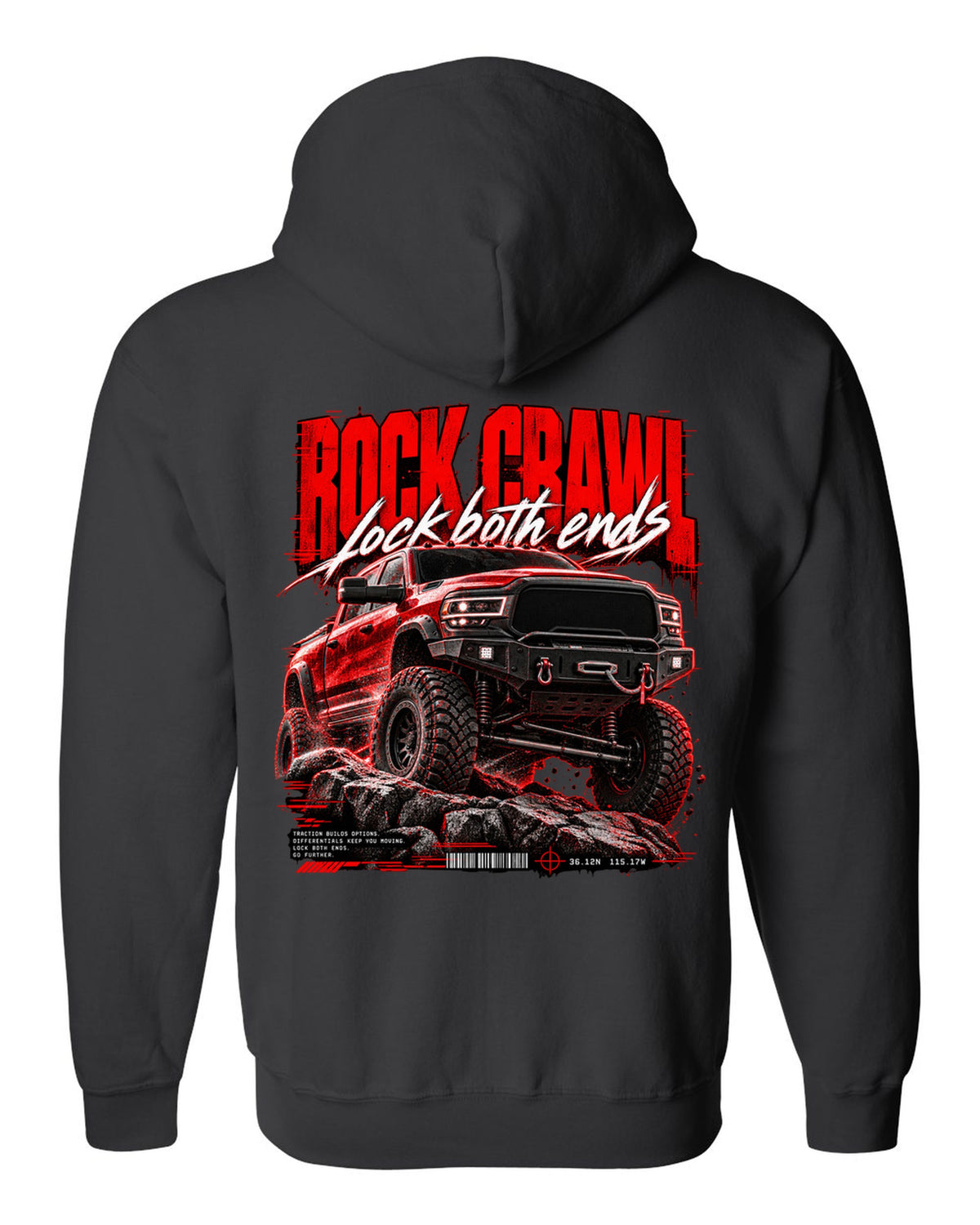 Street poster print of a 2019-2024 Ram 2500 Power Wagon with winch bumper black zip hoodie back view with the design
