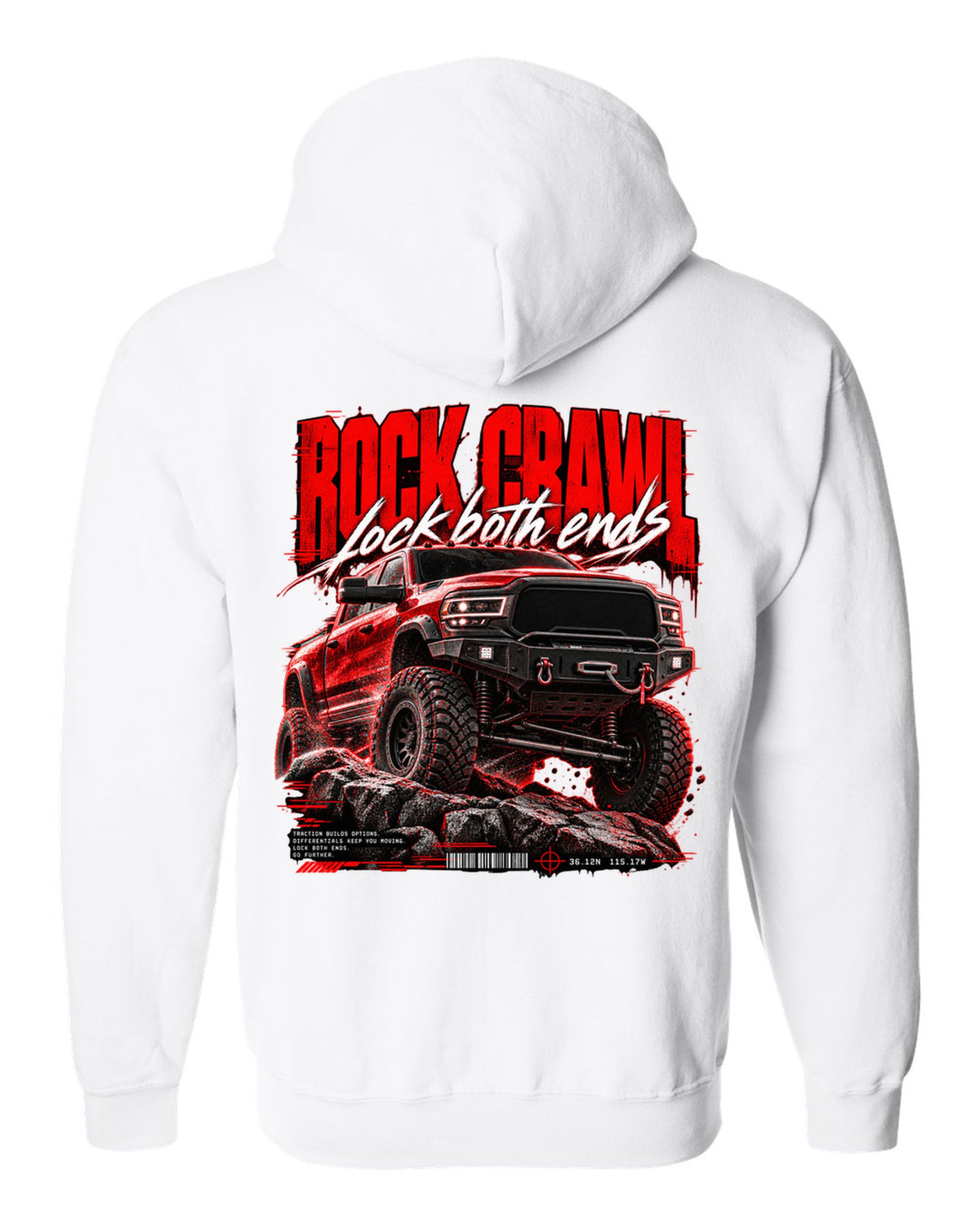 Street poster print of a 2019-2024 Ram 2500 Power Wagon with winch bumper white zip hoodie back view with the design