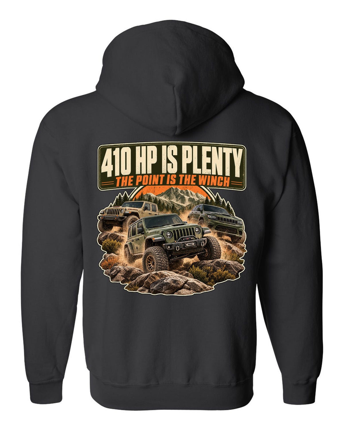 Editorial headline print for the Ram 2500 Power Wagon 6.4L V8 about horsepower and the winch black zip hoodie back view with the design