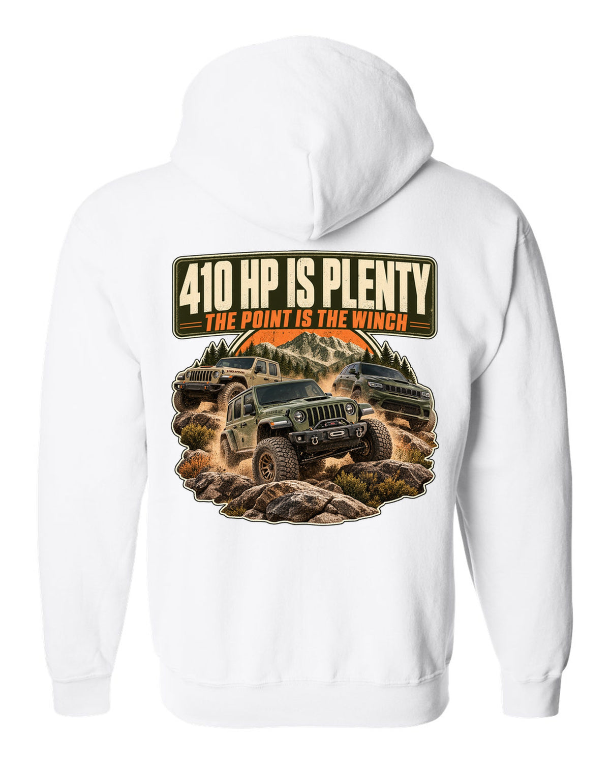 Editorial headline print for the Ram 2500 Power Wagon 6.4L V8 about horsepower and the winch white zip hoodie back view with the design