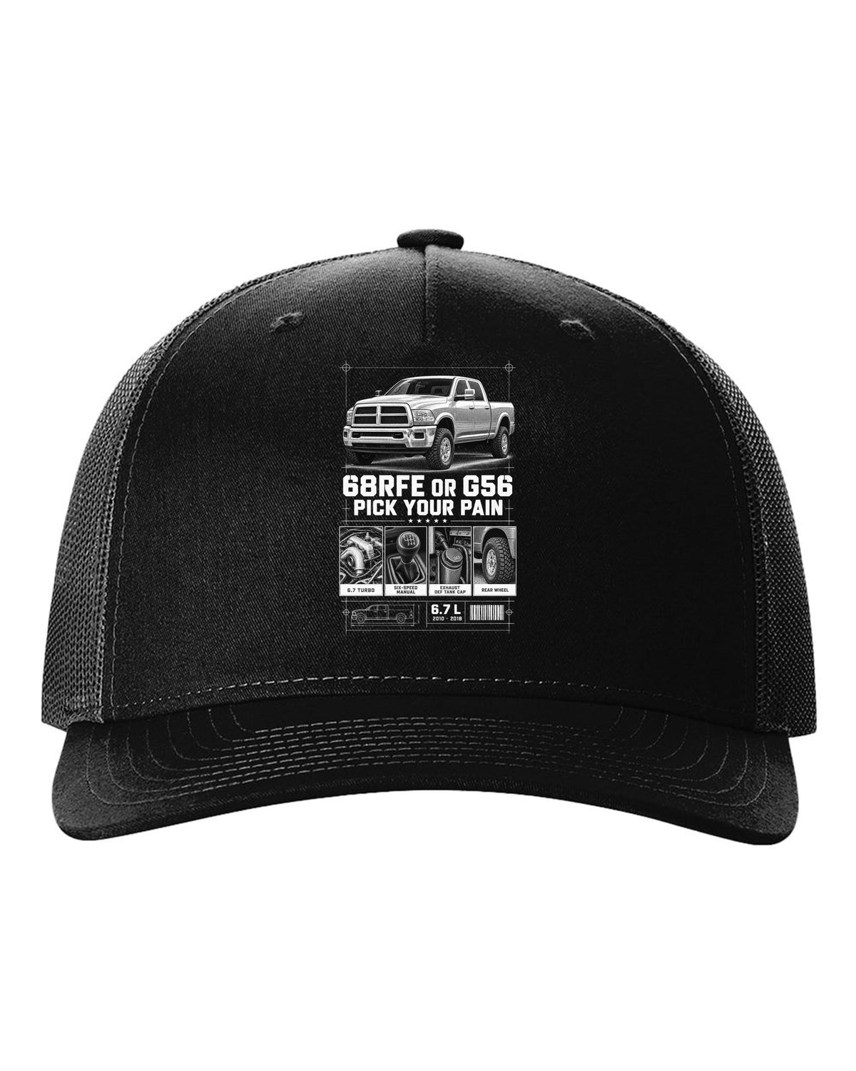 Dossier panels of a 2010-2018 Ram 3500 4th gen 6.7 with the text 68RFE or G56, pick your pain black hat front view with the design