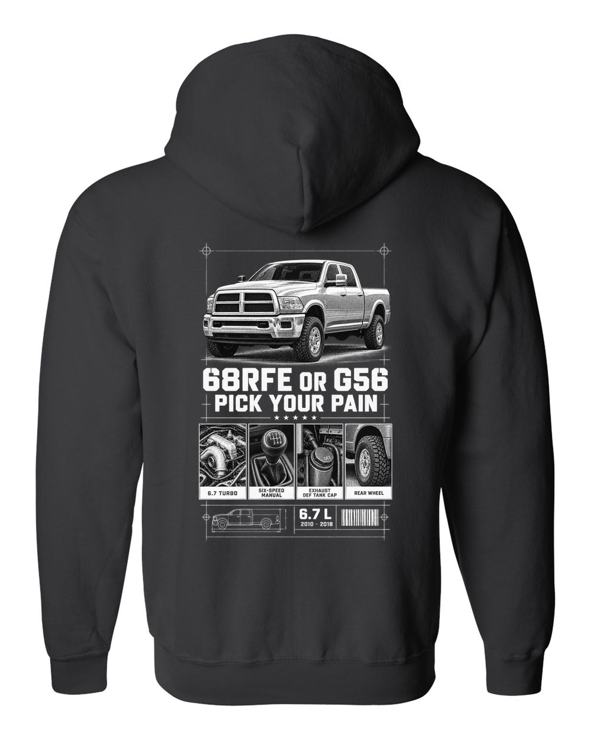 Dossier panels of a 2010-2018 Ram 3500 4th gen 6.7 with the text 68RFE or G56, pick your pain black zip hoodie back view with the design