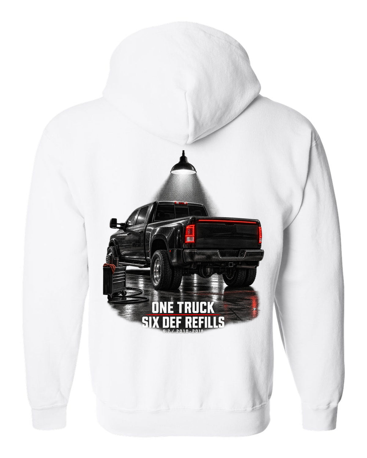 Ram 3500 4th gen dually 6.7 in a night garage with the text One truck, six DEF refills white zip hoodie back view with the design