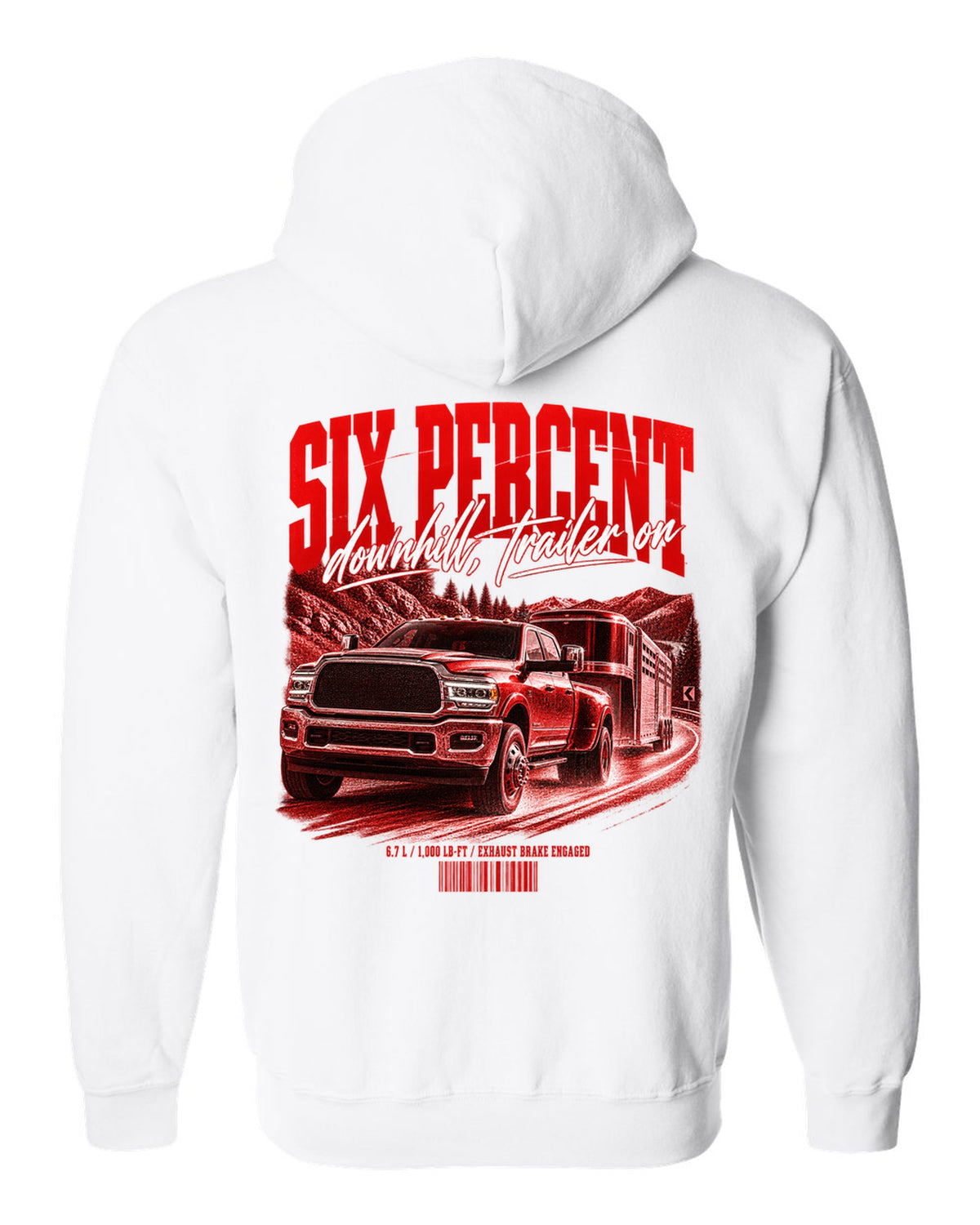 Street poster of a 2019-2024 Ram 3500 towing a trailer with the text Six percent, downhill, trailer on white zip hoodie back view with the design