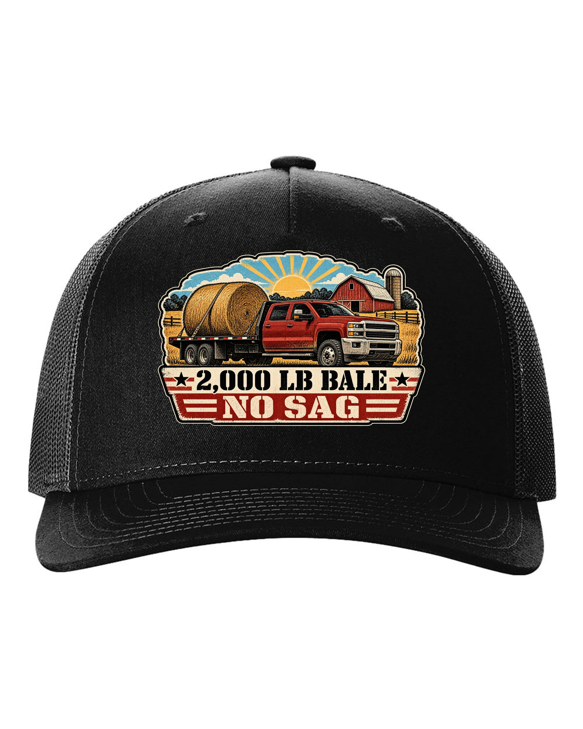 Distressed screen-print print of a 2010-2018 Ram 3500 6.7 Cummins hauling a round bale black hat front view with the design
