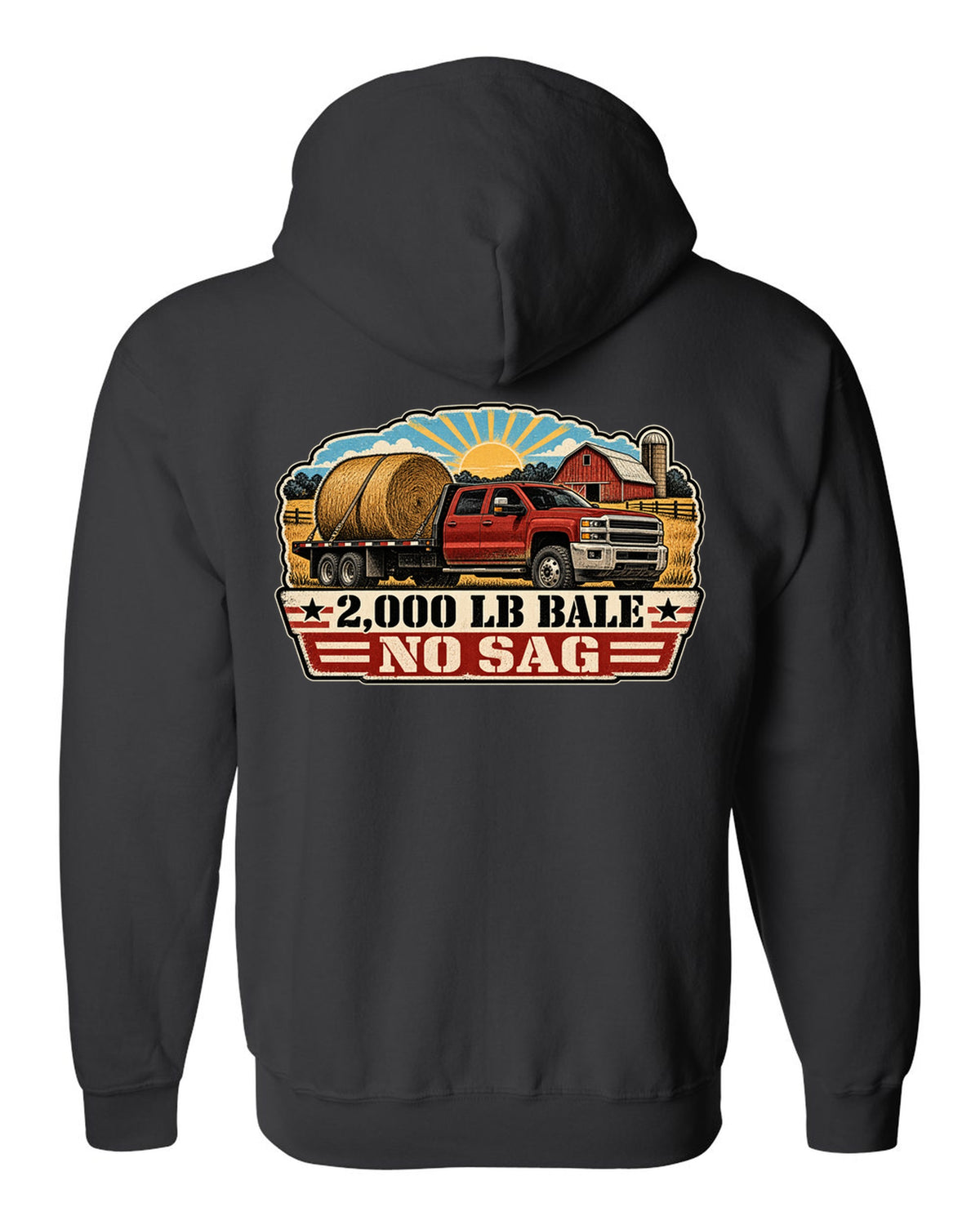 Distressed screen-print print of a 2010-2018 Ram 3500 6.7 Cummins hauling a round bale black zip hoodie back view with the design