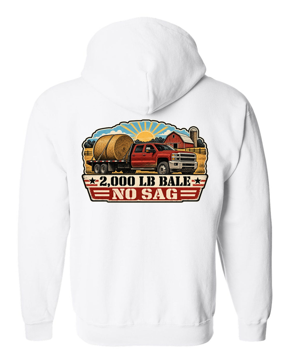 Distressed screen-print print of a 2010-2018 Ram 3500 6.7 Cummins hauling a round bale white zip hoodie back view with the design