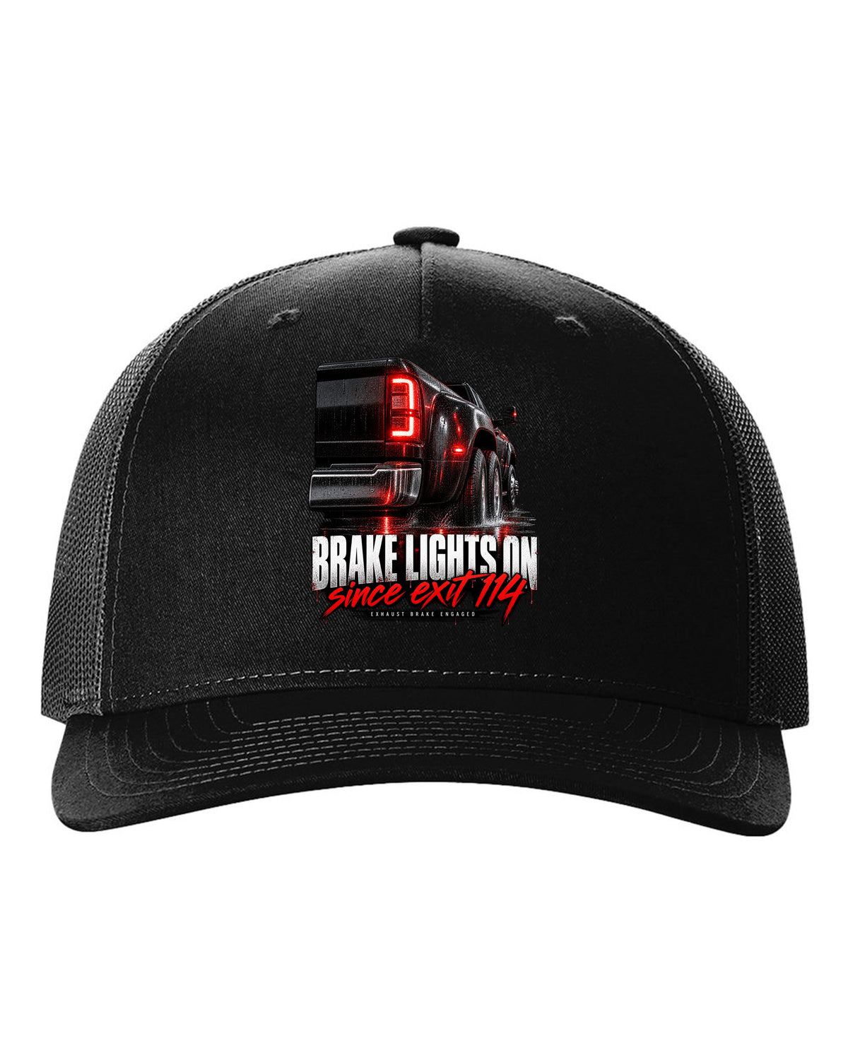 Taillight macro print of a 2019-2024 Ram HD 3500 dually with brake lights lit black hat front view with the design