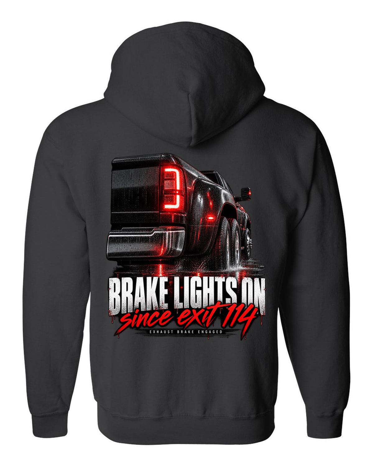 Taillight macro print of a 2019-2024 Ram HD 3500 dually with brake lights lit black zip hoodie back view with the design
