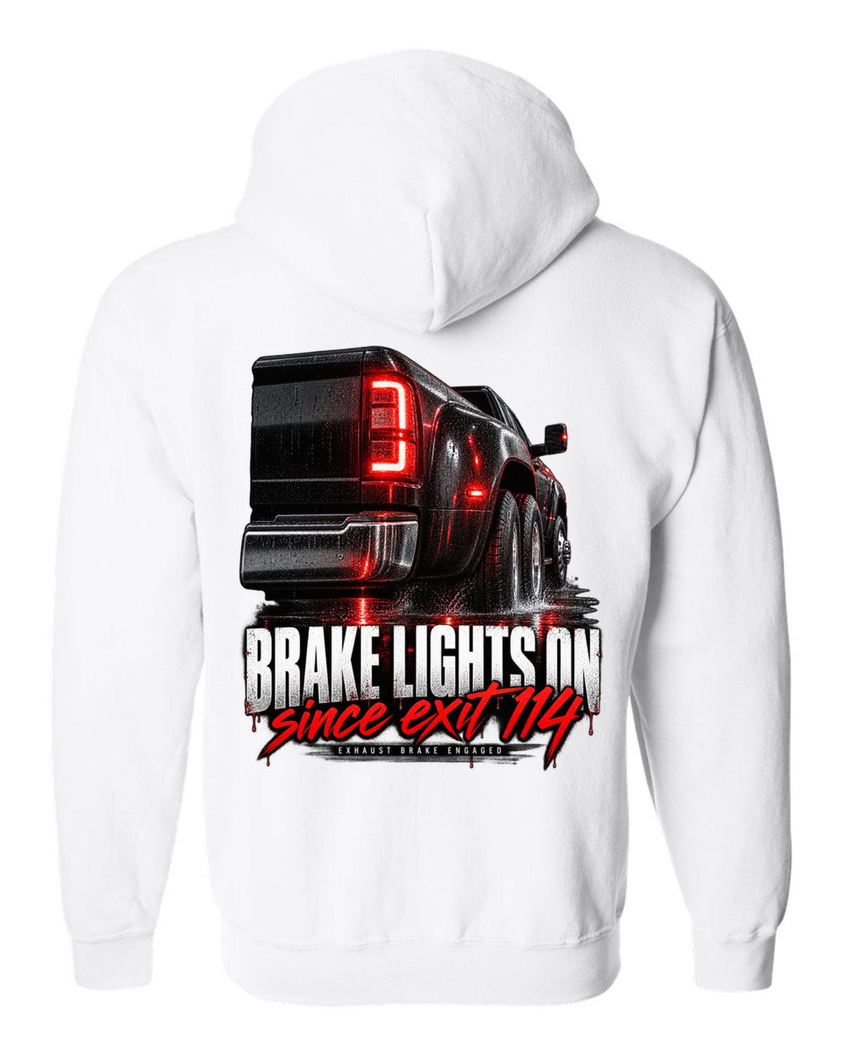 Taillight macro print of a 2019-2024 Ram HD 3500 dually with brake lights lit white zip hoodie back view with the design