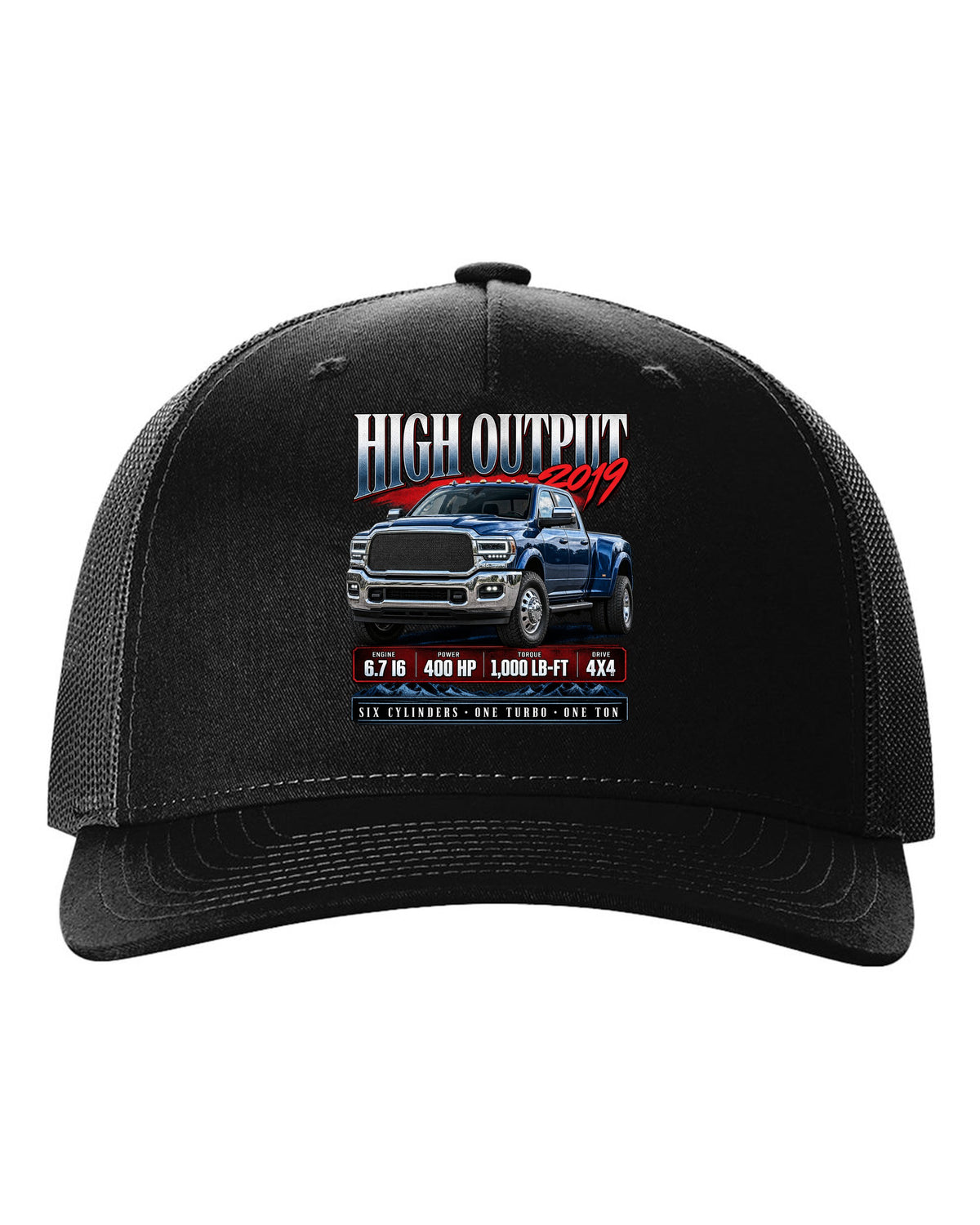 Archive panel of a 2019 Ram 3500 5th gen High Output 6.7 with 400 HP and 1,000 lb-ft black hat front view with the design
