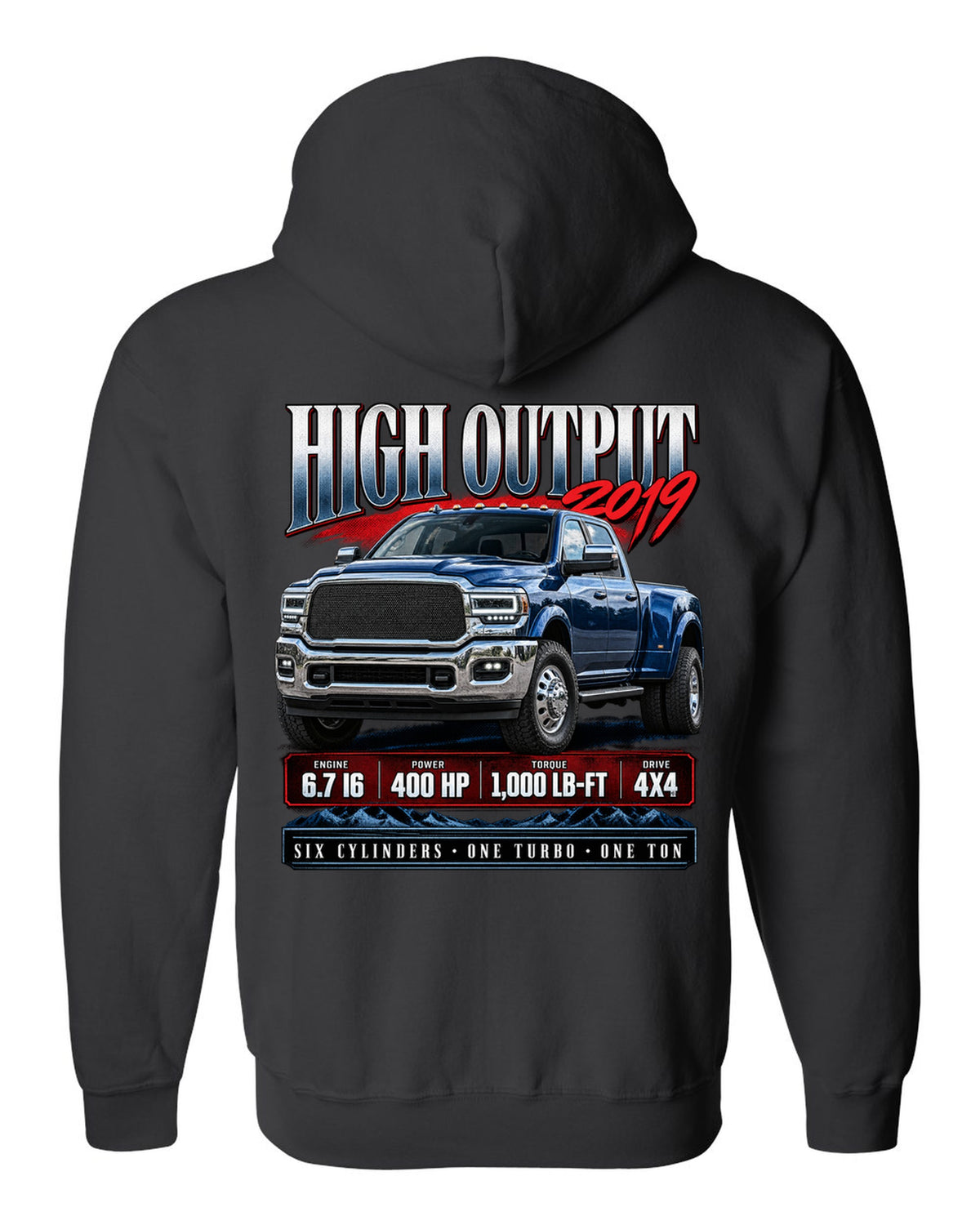Archive panel of a 2019 Ram 3500 5th gen High Output 6.7 with 400 HP and 1,000 lb-ft black zip hoodie back view with the design
