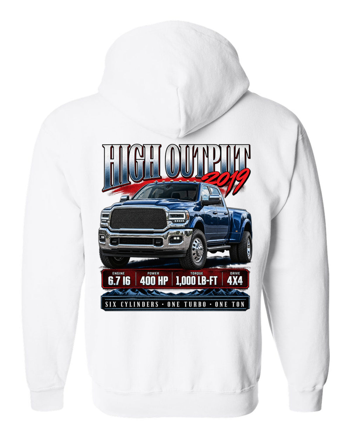 Archive panel of a 2019 Ram 3500 5th gen High Output 6.7 with 400 HP and 1,000 lb-ft white zip hoodie back view with the design