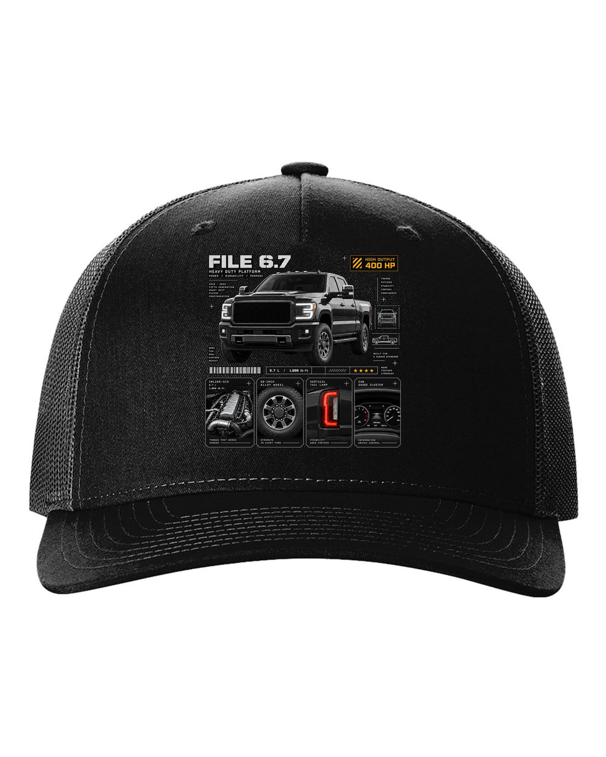 Dossier print of a 2019-24 Ram HD 2500 5th gen in a three-quarter front view black hat front view with the design