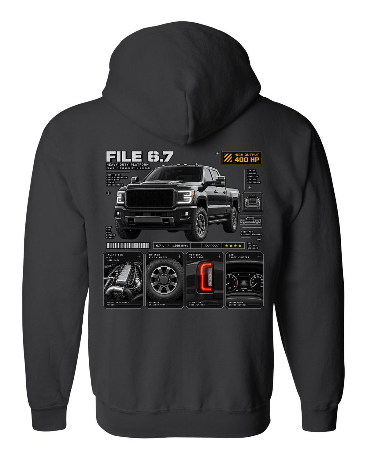 Dossier print of a 2019-24 Ram HD 2500 5th gen in a three-quarter front view black zip hoodie back view with the design