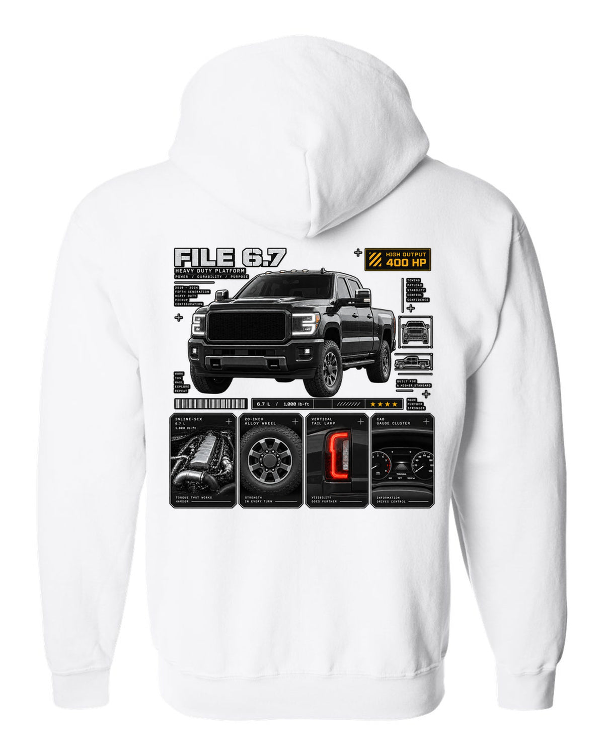 Dossier print of a 2019-24 Ram HD 2500 5th gen in a three-quarter front view white zip hoodie back view with the design