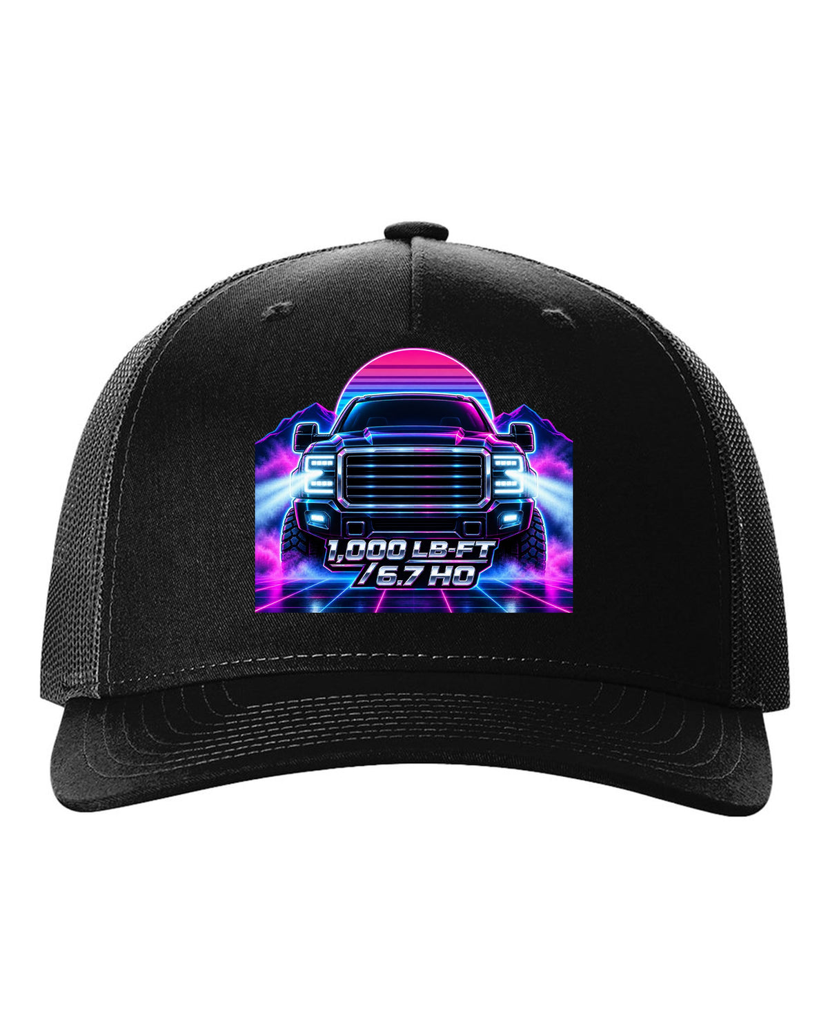 Neon synthwave grid print of a 2019-2024 Ram HD 2500 6.7 Cummins HO black hat front view with the design
