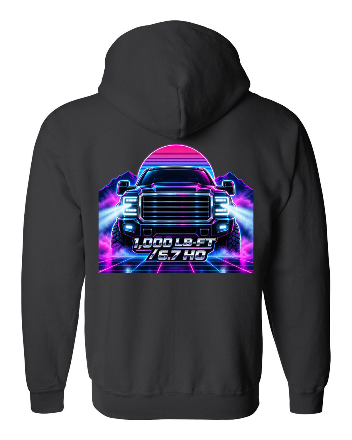 Neon synthwave grid print of a 2019-2024 Ram HD 2500 6.7 Cummins HO black zip hoodie back view with the design
