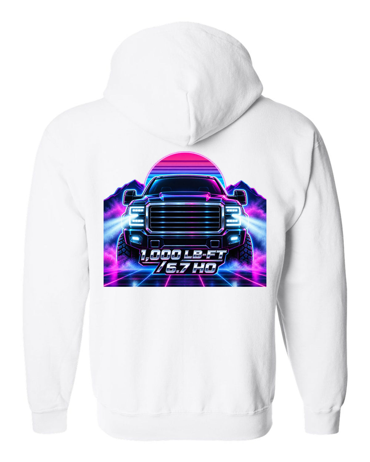 Neon synthwave grid print of a 2019-2024 Ram HD 2500 6.7 Cummins HO white zip hoodie back view with the design