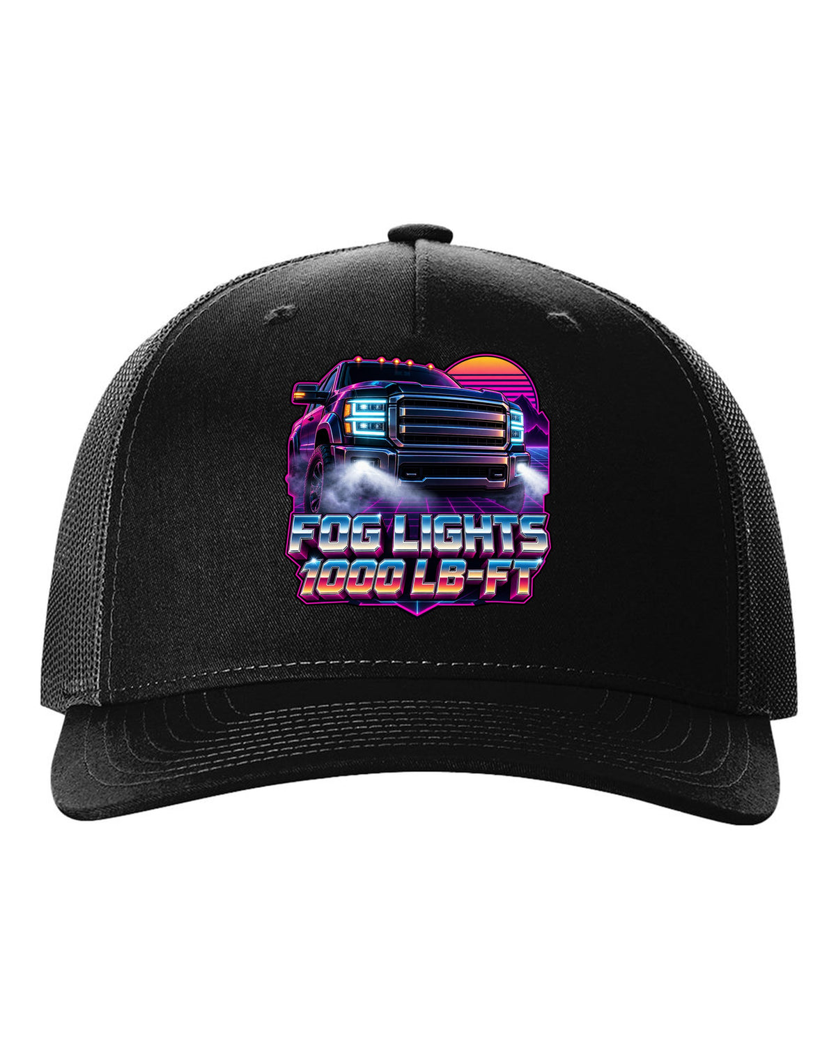 Neon synthwave grid print of a 2019-2024 Ram HD 2500 with the 6.7 HO and 1000 lb-ft text black hat front view with the design