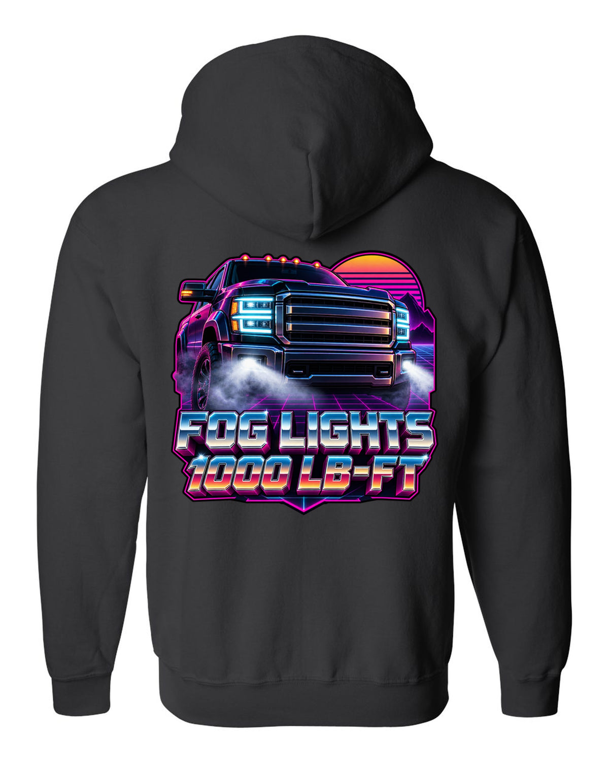 Neon synthwave grid print of a 2019-2024 Ram HD 2500 with the 6.7 HO and 1000 lb-ft text black zip hoodie back view with the design