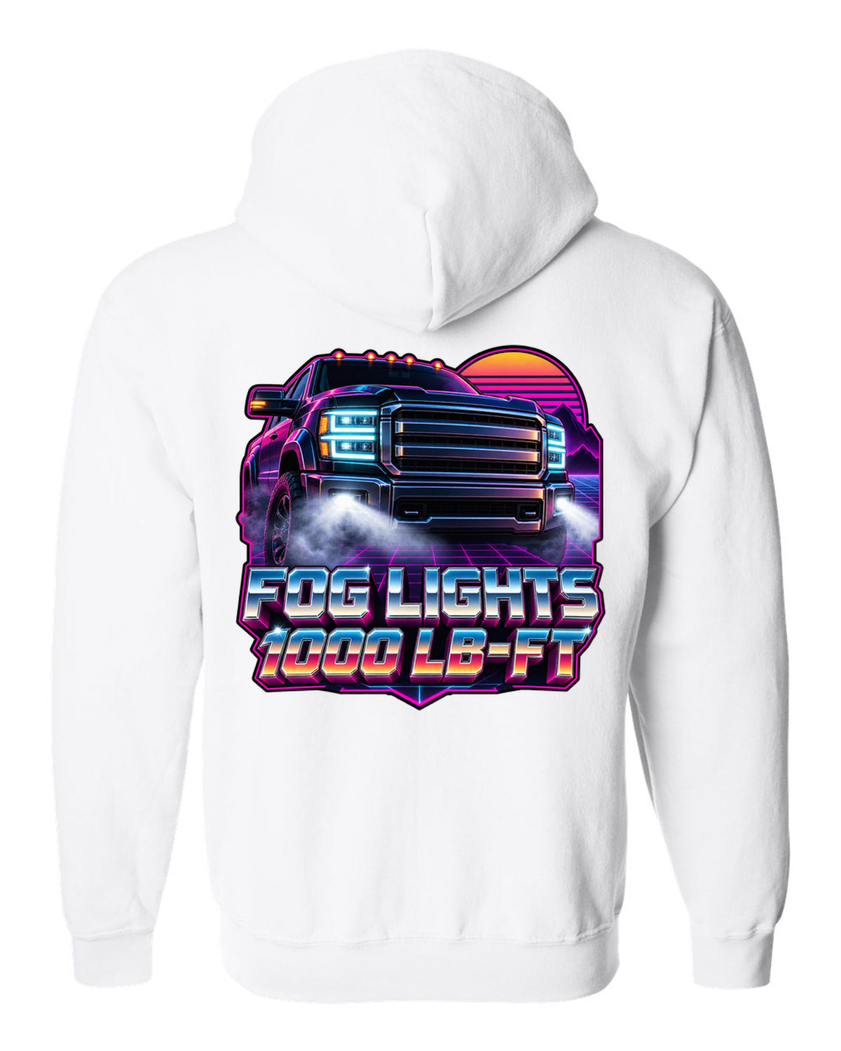 Neon synthwave grid print of a 2019-2024 Ram HD 2500 with the 6.7 HO and 1000 lb-ft text white zip hoodie back view with the design
